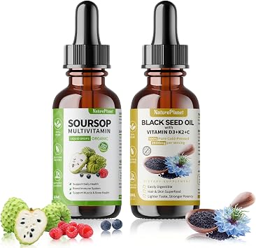 NaturePlanet Organic Soursop & Black Seed Oil Drops Bundle D3 K2 B6 C | Soursop Bitters + Black Seed Oil Blend, Vitamins D3, K2, B6 & C, Organic, Vegan, Non-GMO, Gluten-Free