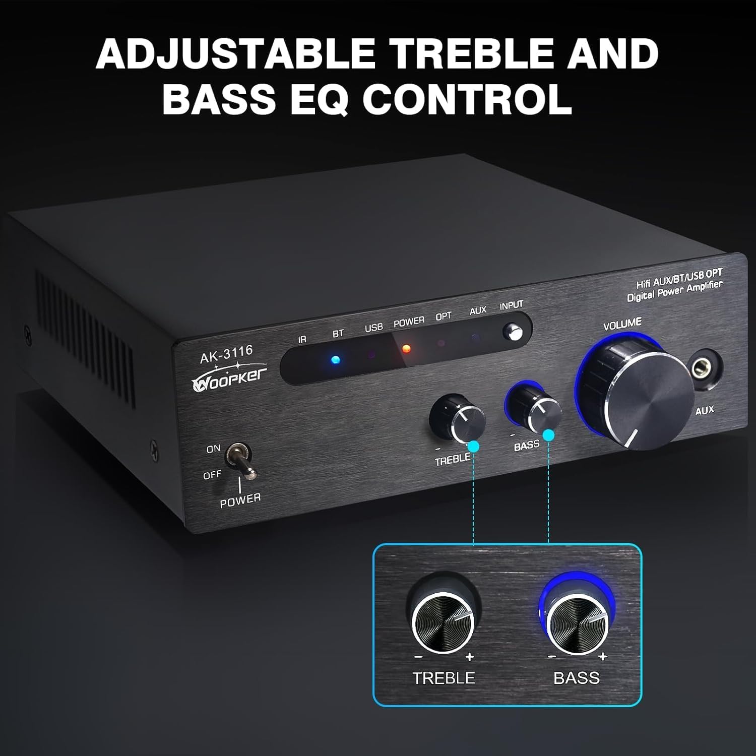 AK3116 Stereo Receivers Amplifier Home Audio, Bluetooth 5.3 Dual TPA3116 Chips Stereo Amplifier 2 Channel 100W x2 Mini Class D Integrated Bluetooth Audio Receiver w/USB AUX Opt Input - Image 6