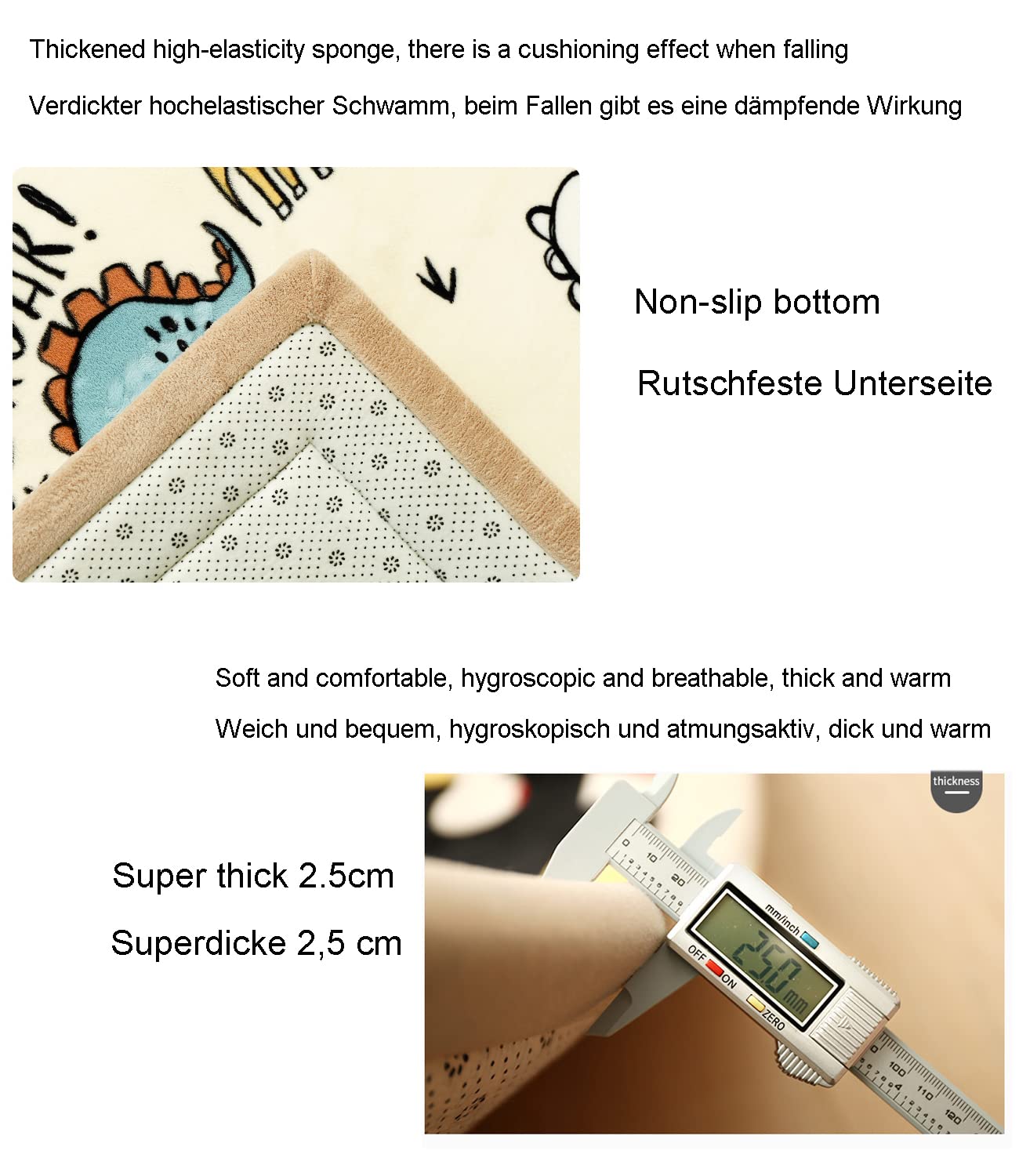 Spielmatte Krabbelmatte Baby Kinder Matte Babymatte Kinderzimmer Weicher Kinderteppich Faltbar Tier Dinosaurier, Farbe: Creme, Grösse: 100x200 cm