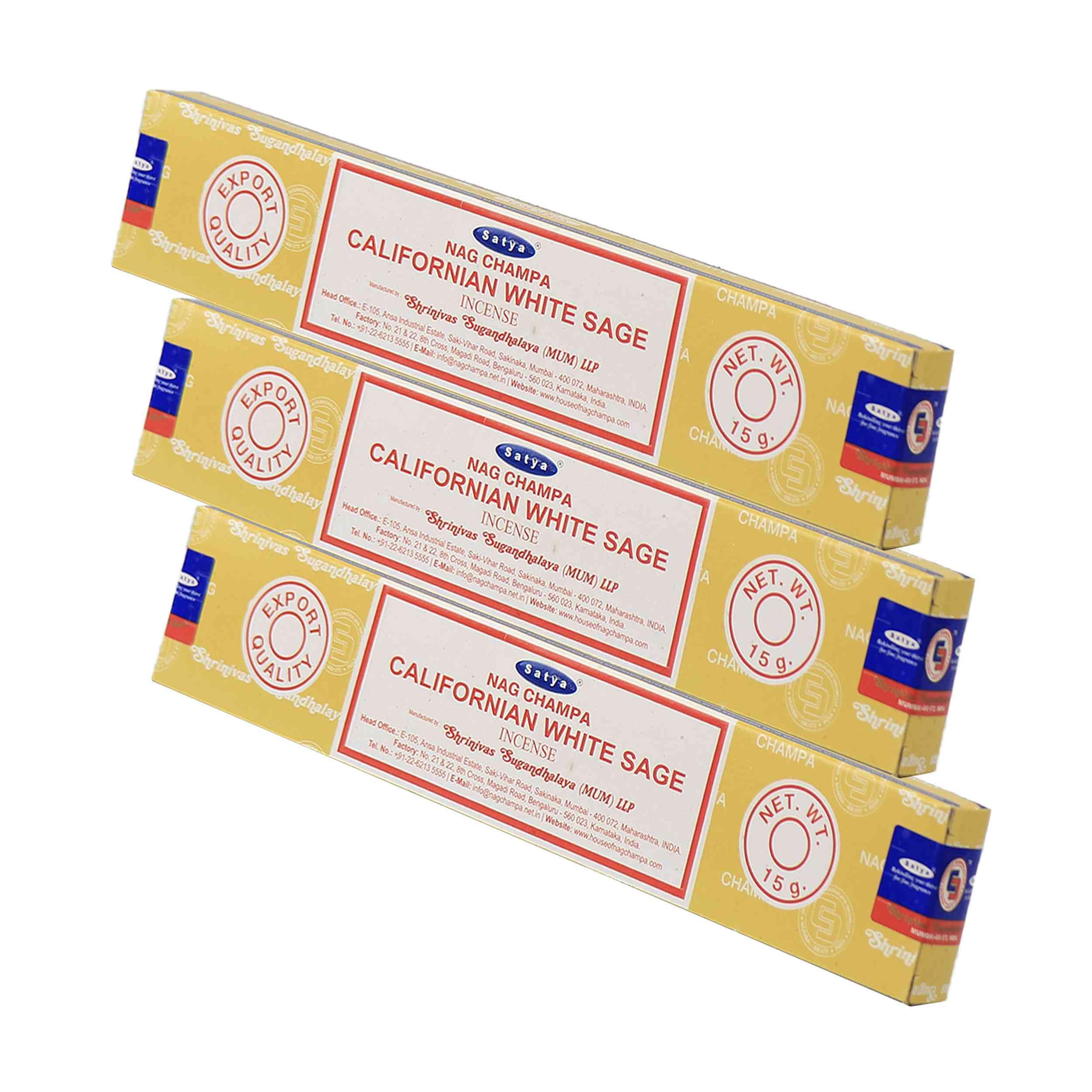 NKlaus 3 x Satya Nag Champa Californian White Sage Incense Sticks, 45 g, Hand Rolled Incense with Clarifying Fragrance for Meditation, Rituals and Cleansing