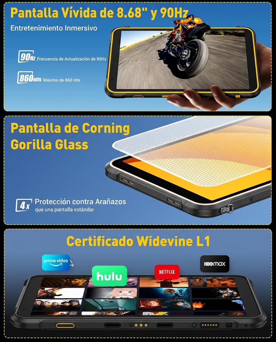 Ulefone RugKing Pad Pro Android 16 Rugged Tablet 8.68 Pulgadas/90Hz, Tablet Rugerizada 16GB+128GB ROM/2TB Tablets Gaming, Batería 7100mAh, 16MP Cámara/Octa-core/Dual SIM 4G/eSIM/NFC/Garantía de 2 años
