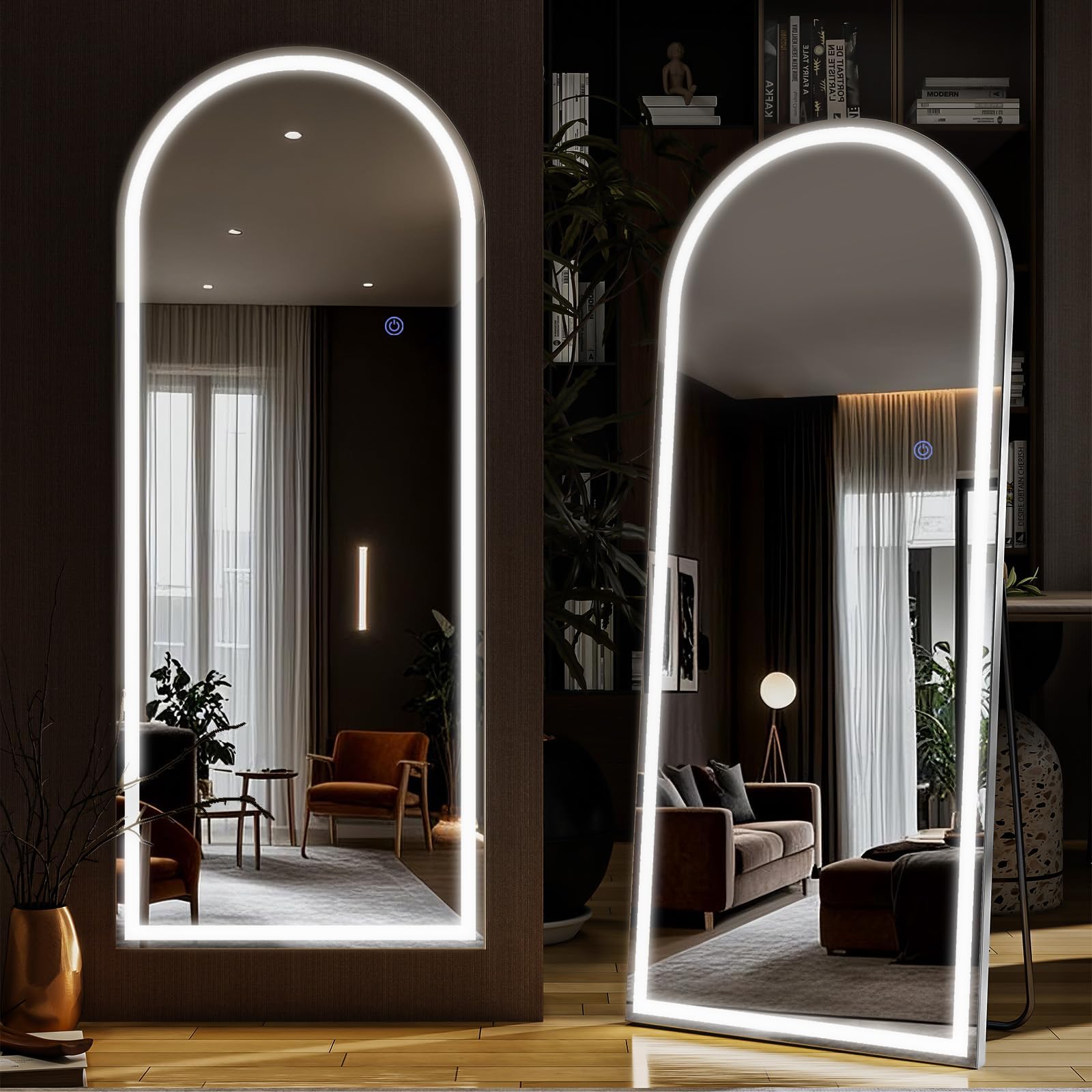 Riskioi 56"x21" LED Full Length Mirror – Arched Standing Floor Mirror with Dimmable Lights 3 Color Modes – Adjustable Brightness, Wall-Mount or Lean for Barber, Fitness Center, Dressing Room, Vanity