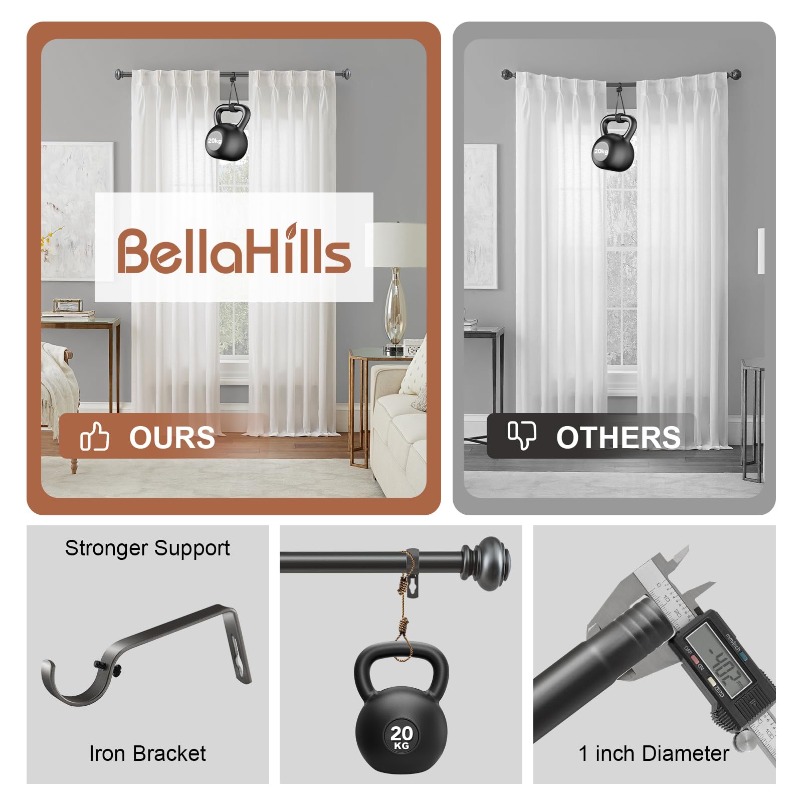 BellaHills Curtain Poles for Windows 25mm Single Curtain Rod with Classic Finials 76 to 150 cm - Image 4