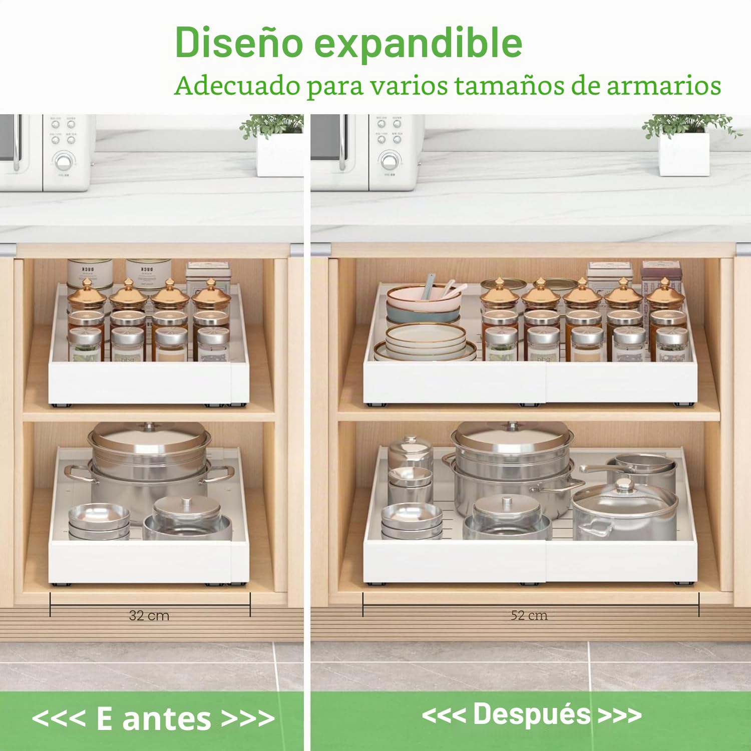 Bandejas Extraibles Armarios Cocina，Paquete de 2 Cajones Extraibles para Cocina， Bandeja Armario Telescópico Adhesivos，Cajones Deslizables y Estantes para la Despensa, Ancho Ajustable de 32 a 53 CM