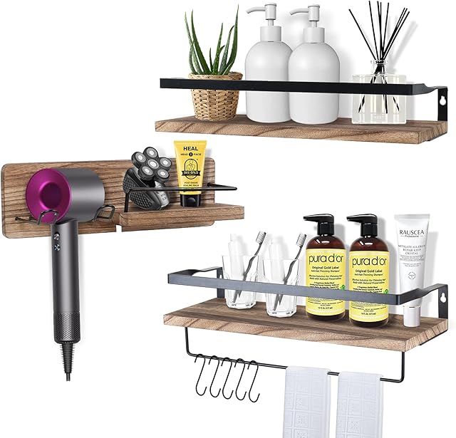 Floating Shelves, Wall Mounted Shelf Set of 3 Removable Towel Holder, Rustic Wood Storage Small Accessories Fall Proof Shelves Bathroom, Bedroom, Kitchen, Living Room, Light Brown (KHFS001)