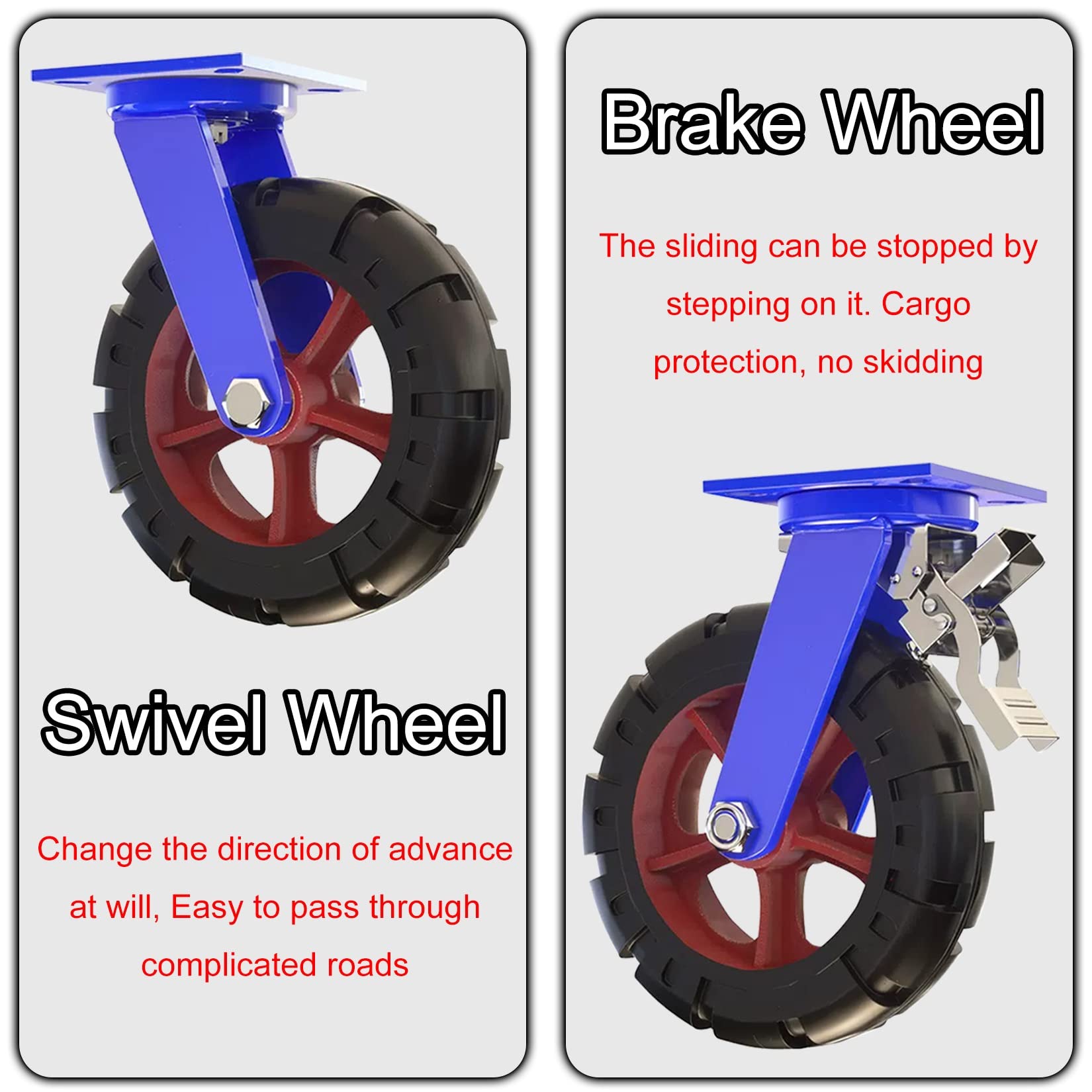 Set di 4 Ruote piroettanti in Gomma Resistenti con Freno, Diametro 200 mm (8"), capacità di carico Industriale, perfette per la Mobilità di mobili e Attrezzature.