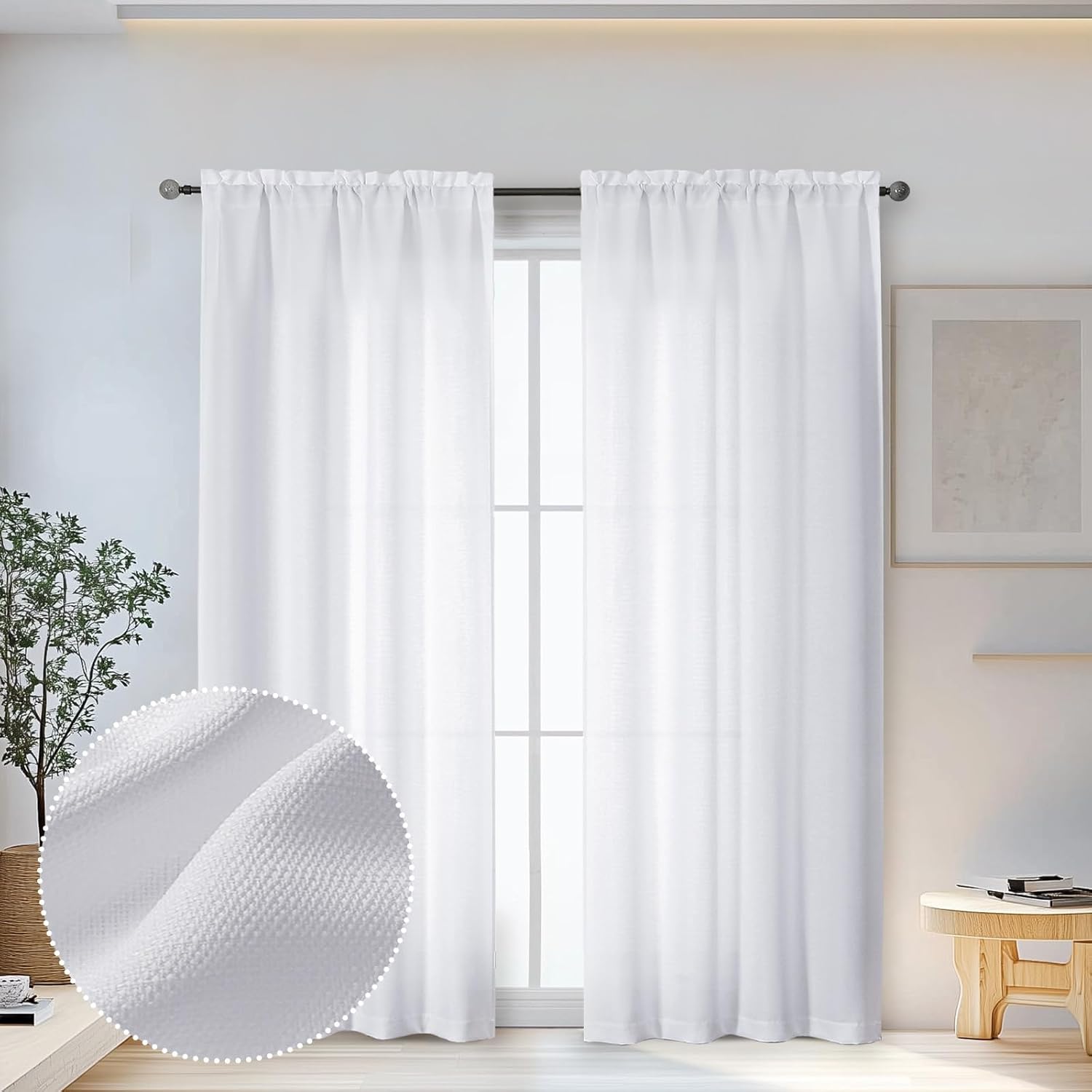 OWENIE Bob White Curtains 72 Inch Length 2 Panels Set for Living Room Bedroom, Light Filtering Faux Slub Textured Window Curtain Panels, Solid Airy Soft Rod Pocket French Door Drapes, 2 Pcs 40Wx72L White 40"W x 72"L (Pack of 2)