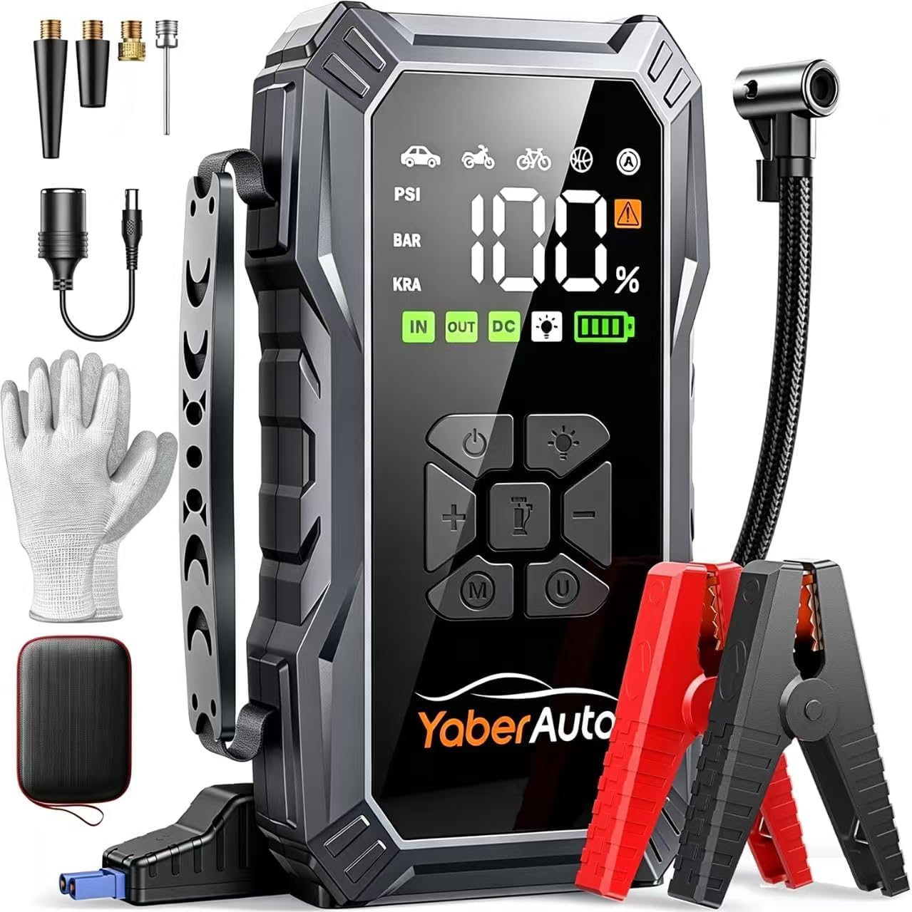 Arrancador de Baterias de Coche con Compresor de Aire, 7000A YaberAuto Arrancador de Coche Portatil (Todo Gas/10,0L Diesel) con 150PSI Inflador, Pantalla Grande y Linterna LED