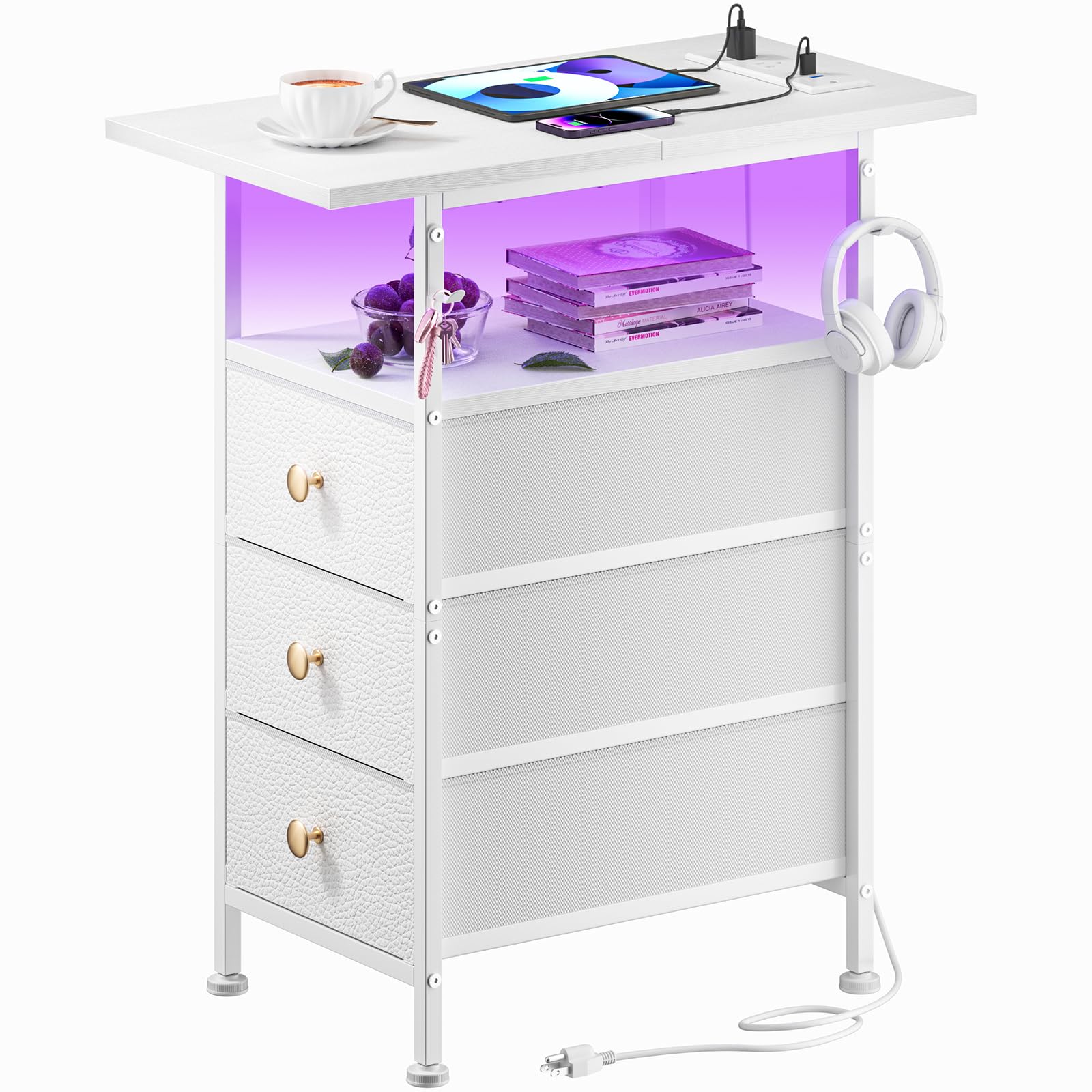 Dresser with LED light glowing yellow, used as a nightstand