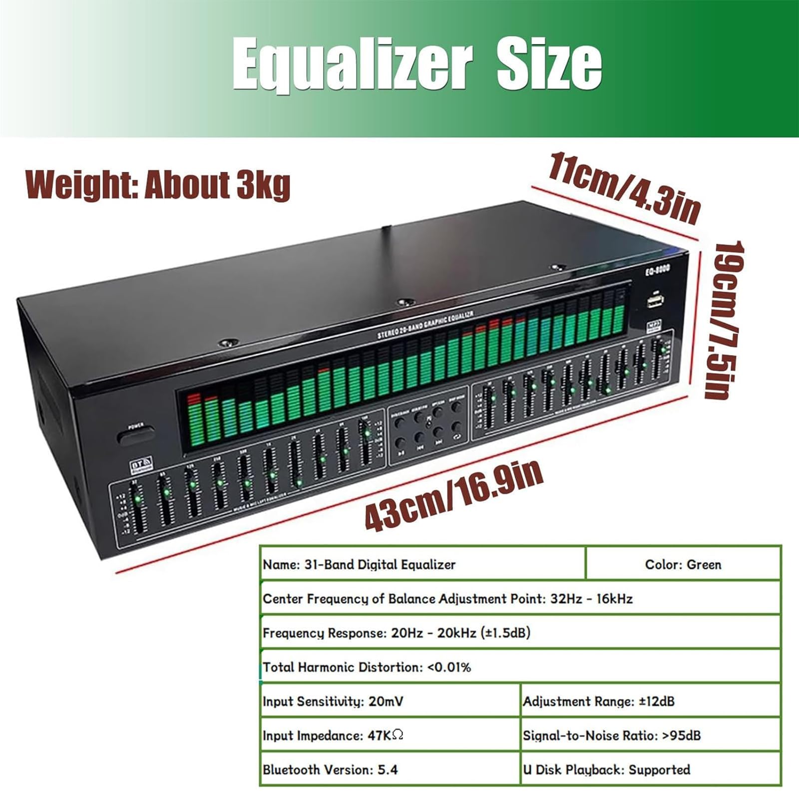 31-Band Digital Equalizer, EQ8000 Stereo Grafischer Equalizer mit Fernbedienung, Bluetooth 5.4 Optische Koaxial-Digital-Audio-Decodierung, 12 Rhythmusmuster, Rauschunterdrückung, für Aufnahmestudio