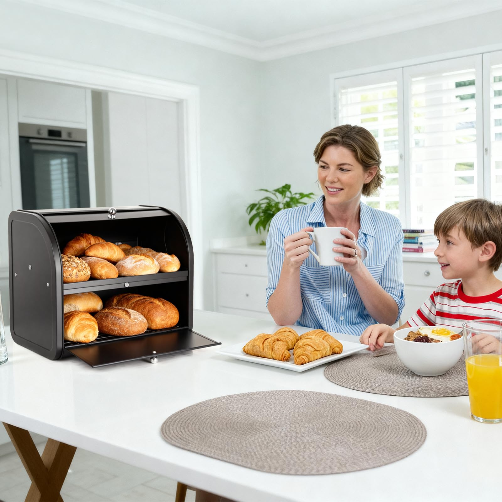 Panera, panera doble para cocina, panera grande con tapa enrollable | esquina | 2 niveles | negro | 35 x 25 x 33 cm