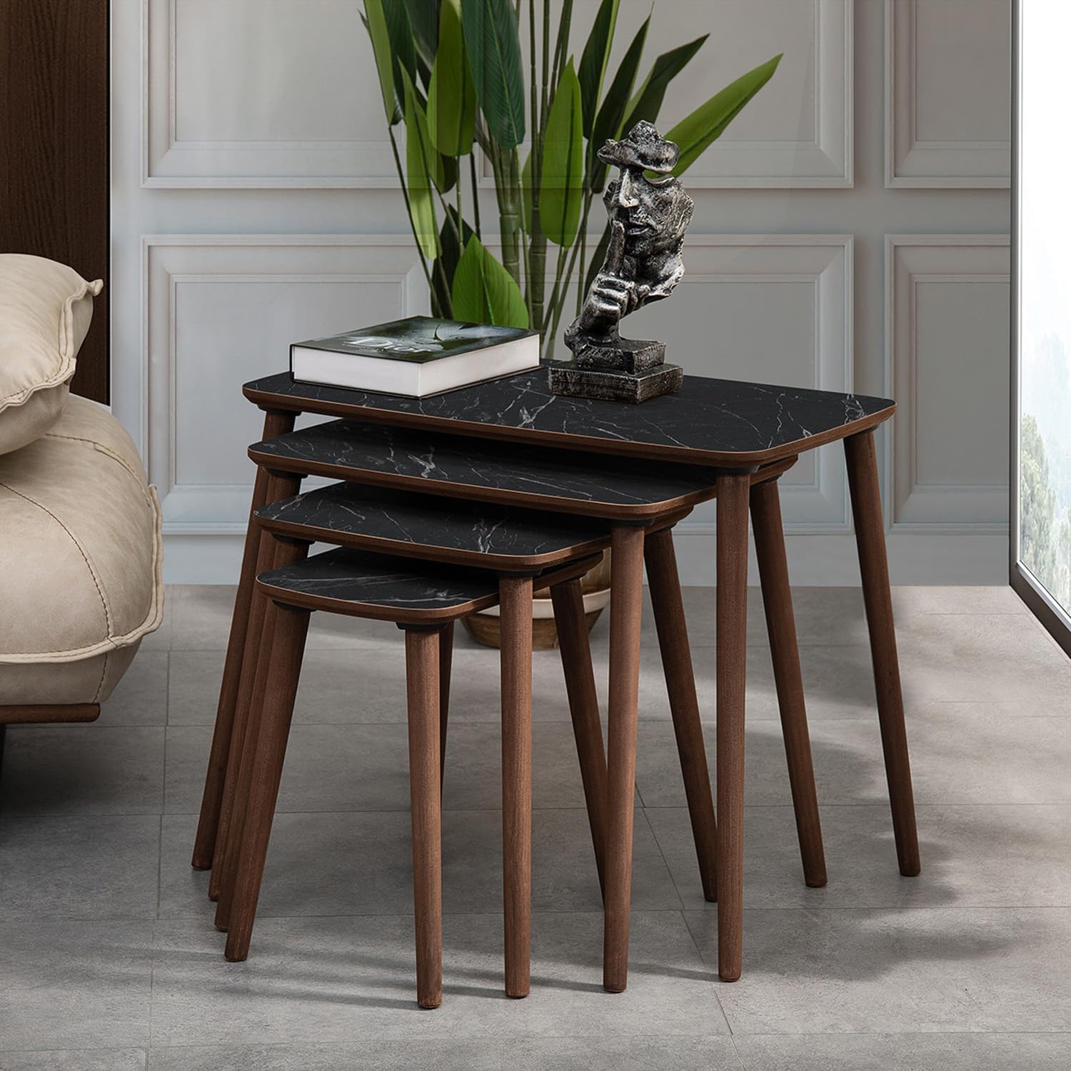 LUCI MDF Wooden Nesting Table Set of 4 - Black Marble Patterned