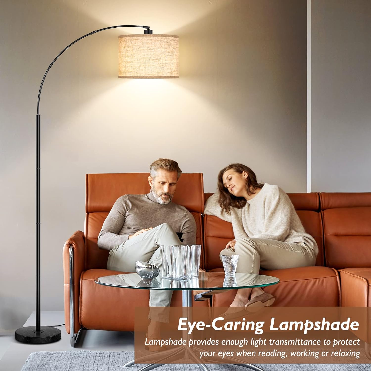 79'' Arc Floor Lamps for Living Room, Modern Standing Lamp with Adjustable Hanging Drum Shade, Black Tall Pole Lamp with Weighted Base & Edison E26 Socket, Corner Light for Reading Bedroom Office