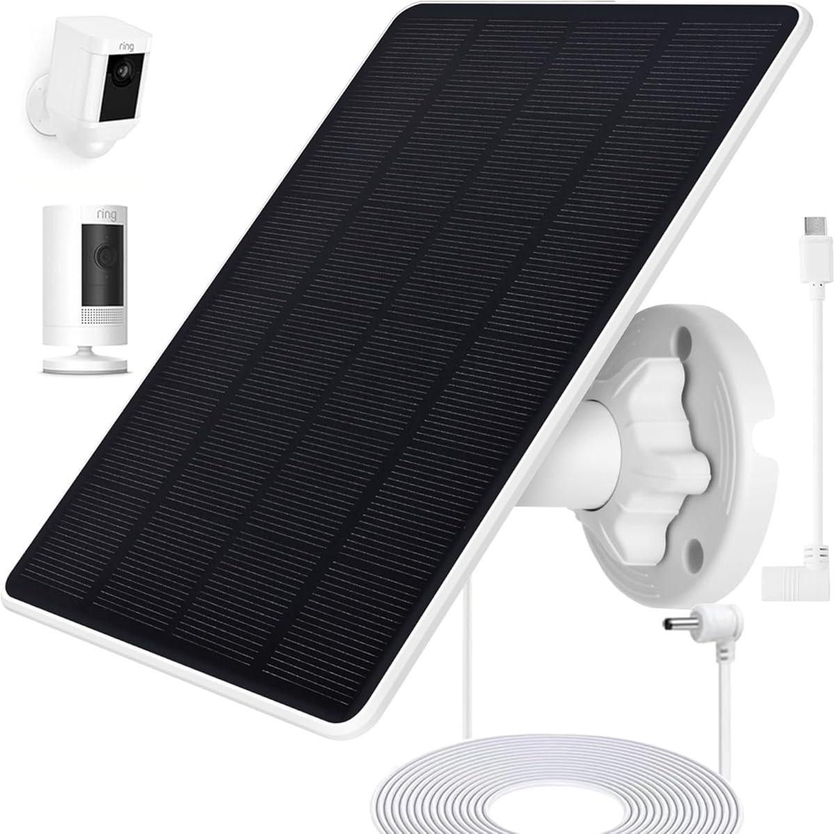 Ring Camera Solar Panel, Compatible with Ri ng Stick Up Cam Battery, Ring Spotlight Plus/Pro Battery, Waterproof 5V6W, 9.8 inch Long Charging Cable (White 1Pack)