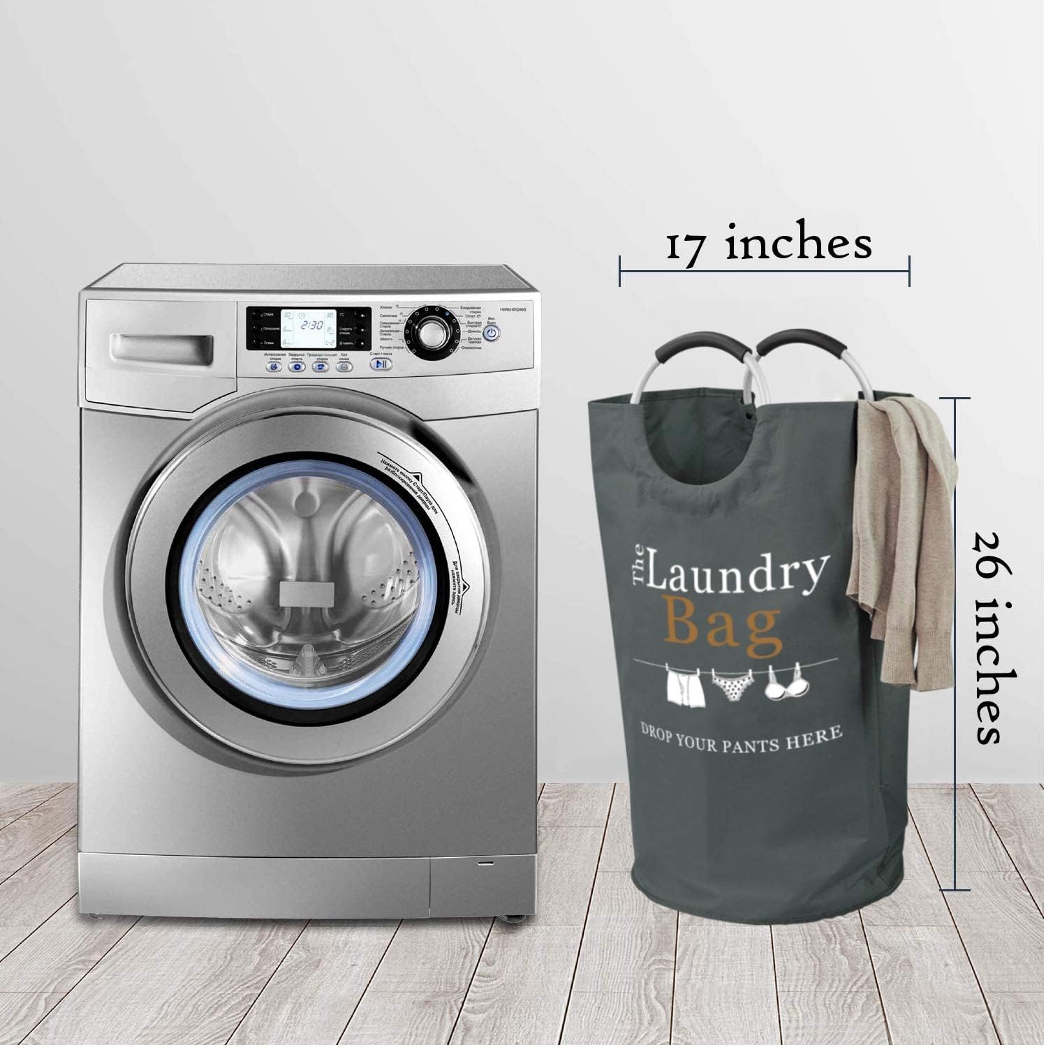 The Fine Living Co. Large Printed Laundry Basket with Round Metal Handles, Large Freestanding Laundry Hamper, Collapsible and Portable Laundry Hampers Storage Bin 14"x17"x26" (Grey)