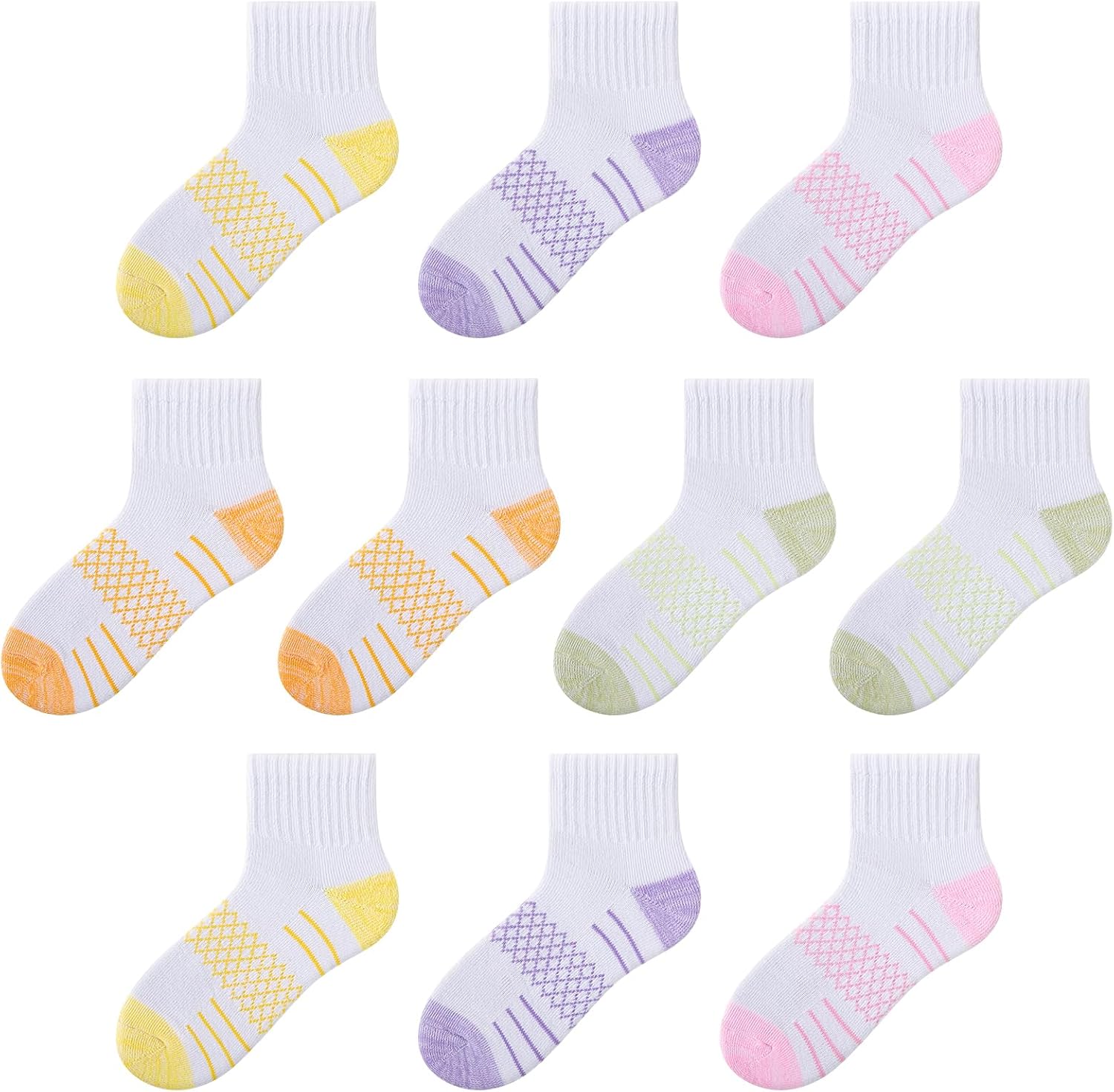 Comfoex Girls Quarter Socks Crew Athletic Socks For Little Big Kids 4-7 8-10 Years Old With Cushioned Sole 10 Pairs
