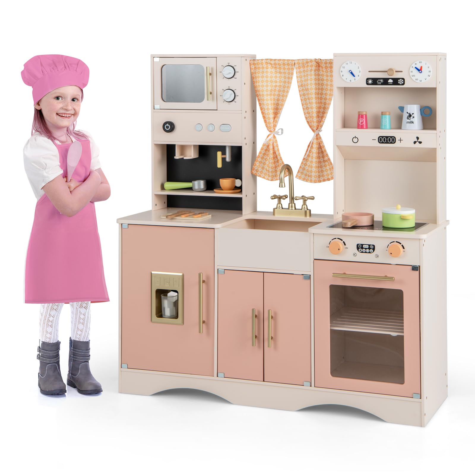 COSTWAY Cocina Juguete de Madera con Microondas, Cafetera, Máquina de Hielo, Fregadero, Relojes, Horno y Accesorios, Cocinita Infantil para Chef con Cortinas y Sonidos para Niños de 3+ Años (Rosa)