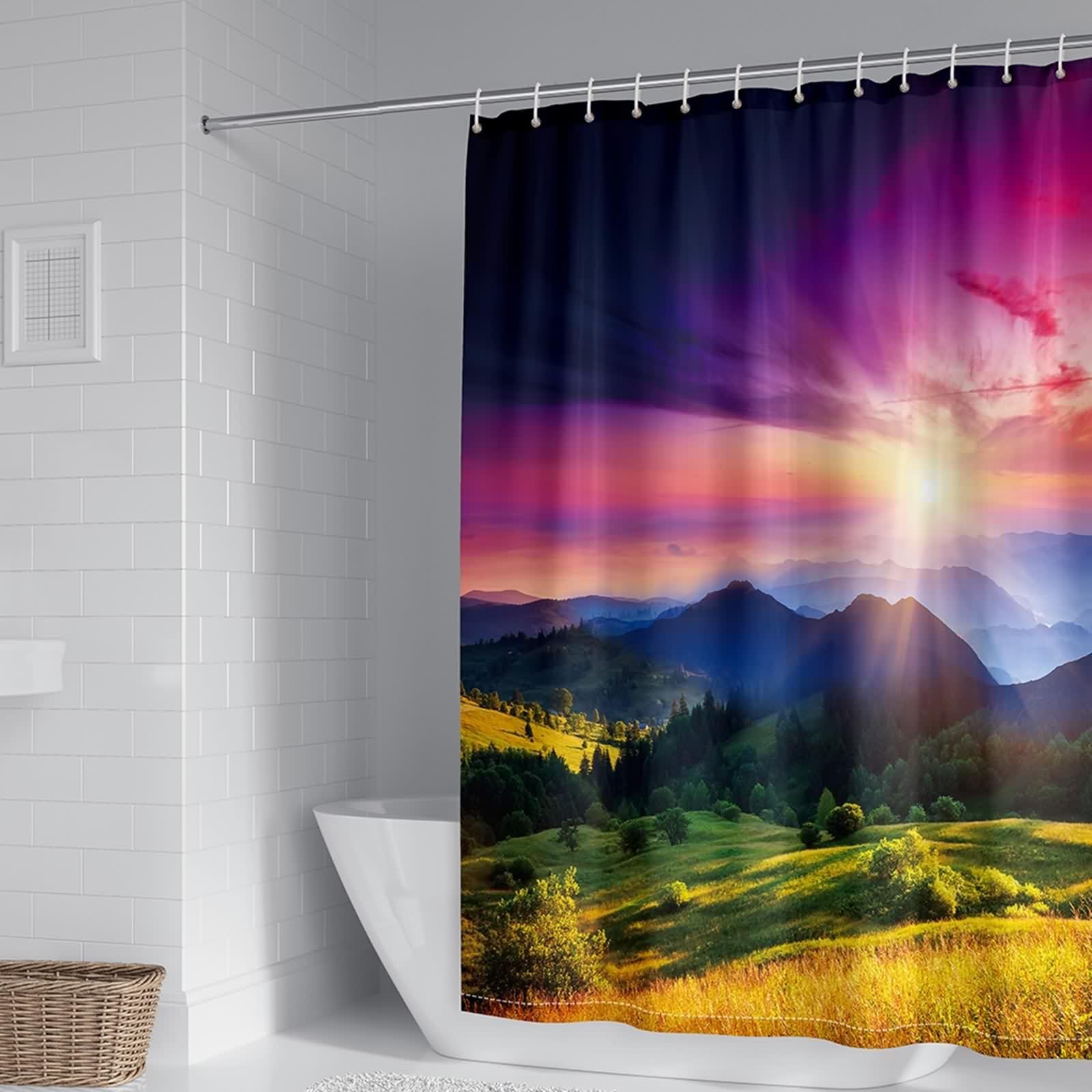 Cortina de ducha impermeable de tela textil, 240 x 200 cm, lila y verde, diseño de puesta de sol, cortinas de baño, poliéster, lavable, tela textil, cortina de baño, 2,4 x 2 m de largo (ancho