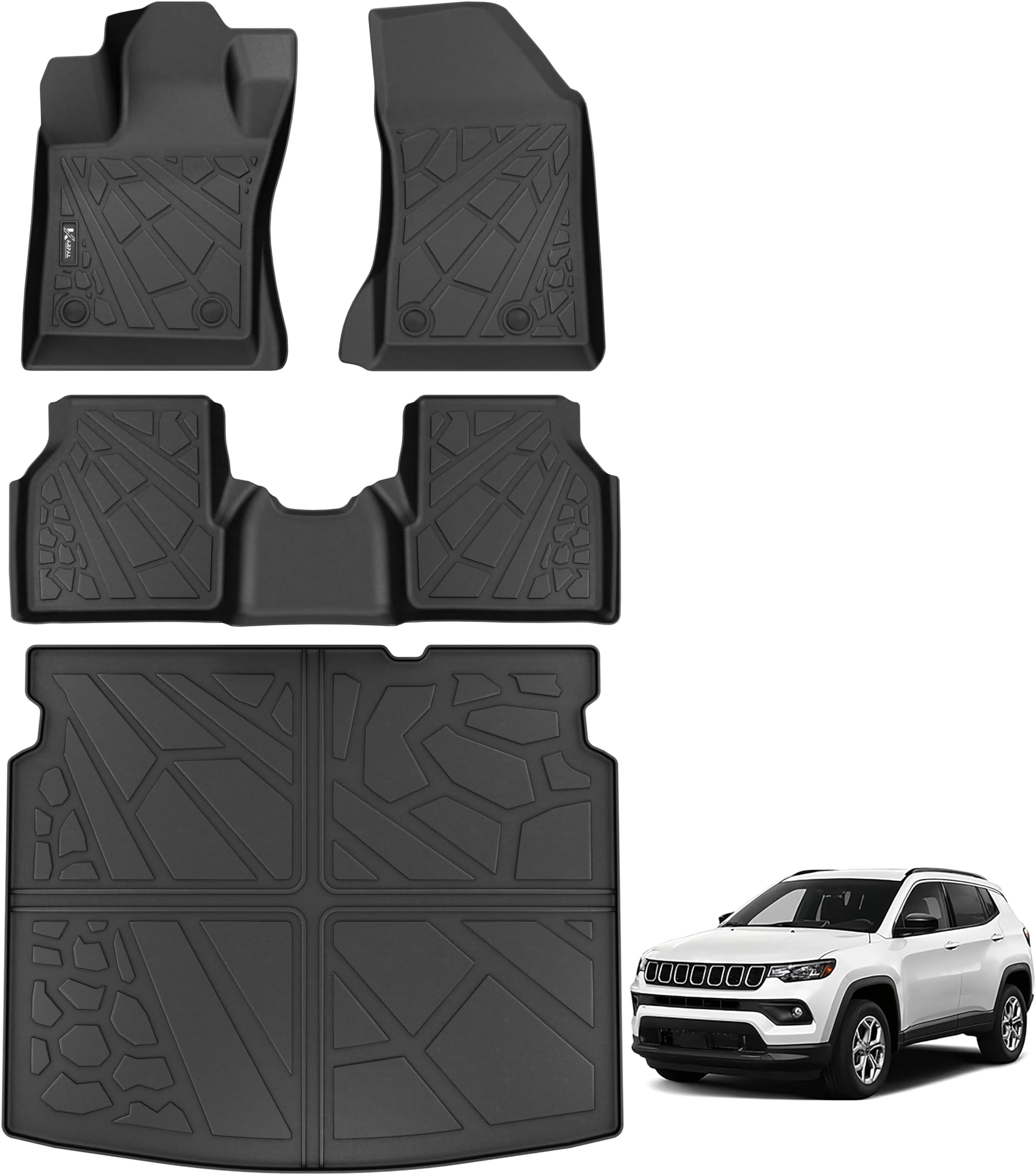 KARPAL Floor Mats Fit with 2017-2025 Jeep Compass (NOT fit 2017 Old Body Style Compass 1st Generation), TPE All-Weather Front & Rear Row with Cargo Liner Full Set Car Mats - Black