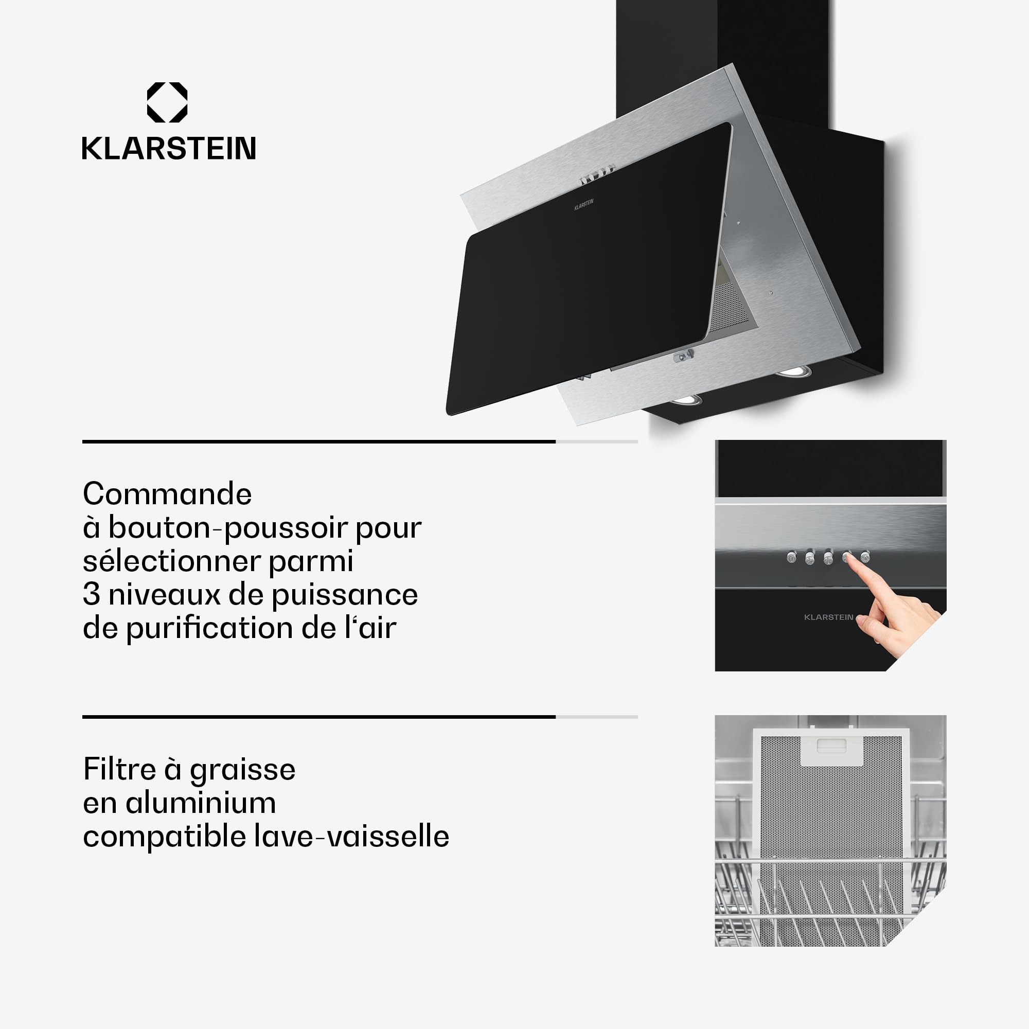 Klarstein Alessia Hotte Aspirante 60 cm - Hotte Décorative Inclinée, 404 m³/h, LED, A+++, 3 Vitesses & Boost, Filtre Charbon, Inox & Verre Noir, Recyclage ou Évacuation, Hotte Cuisine