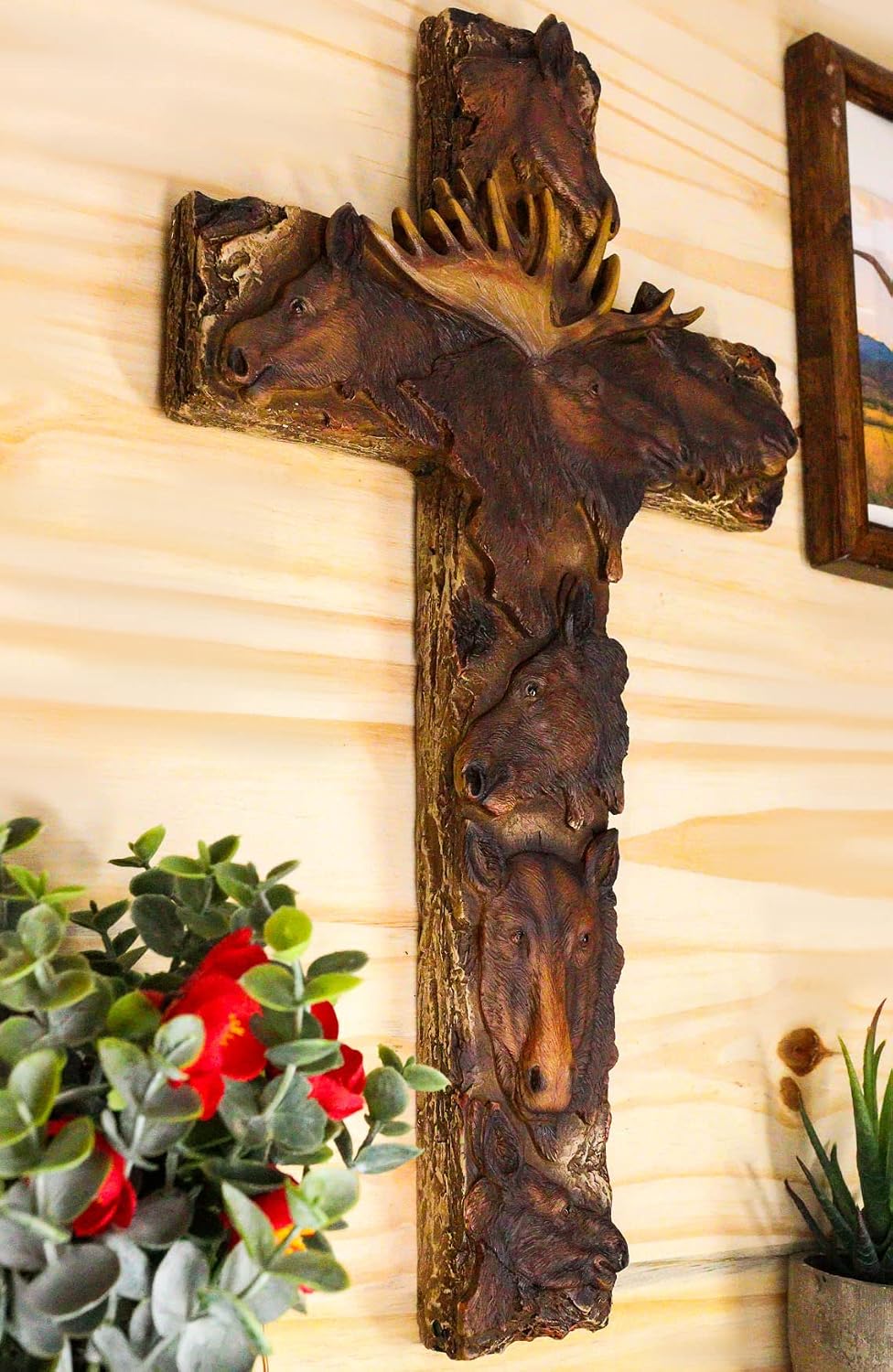Ebros Gift 16" Tall Rustic Western Forest Antler Elk Bull Moose Faux Wood Wall Cross Decor Hanging Sculpture Catholic Christian Inspired Country Deer Cabin Lodge Accent Decorative Crosses