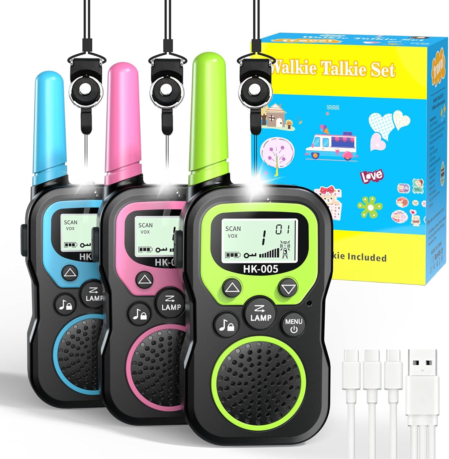 Walkie Talkies for Kids 3 Pack, Rechargeable Kid Walkie Talkies Long Range 3 Miles with 3-in-1 Charging Cable,2 Way Radio Toys Gifts for 3-12 Year Old Boys Girls Outdoor Camping Hiking