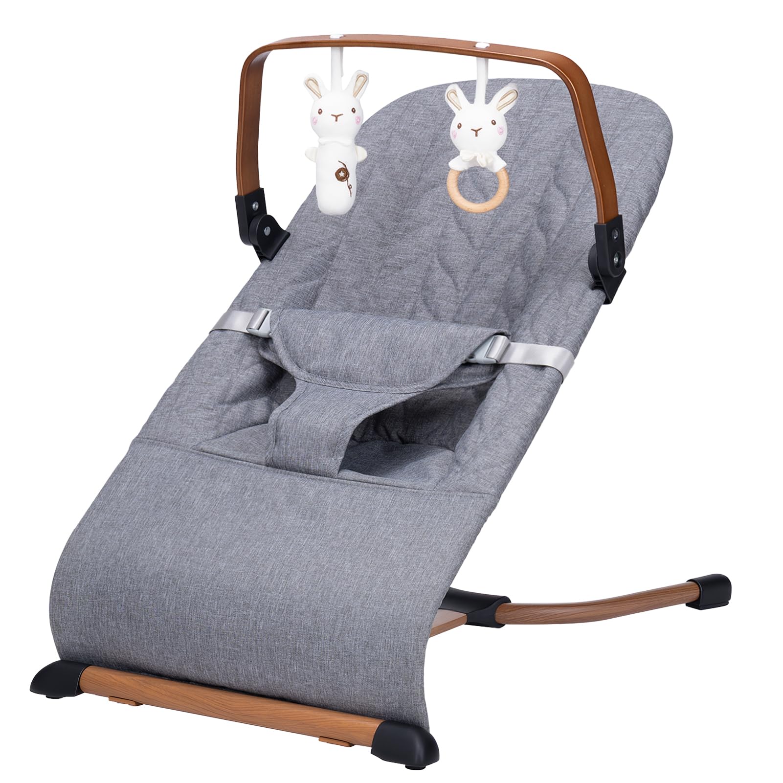 Photo 1 of Portable Baby Bouncer, Bouncer Seat for Babies 0-12 Months, 3 Recline Positions, Foldable Baby Rocker Chair with Removable Wooden Bar, Gray