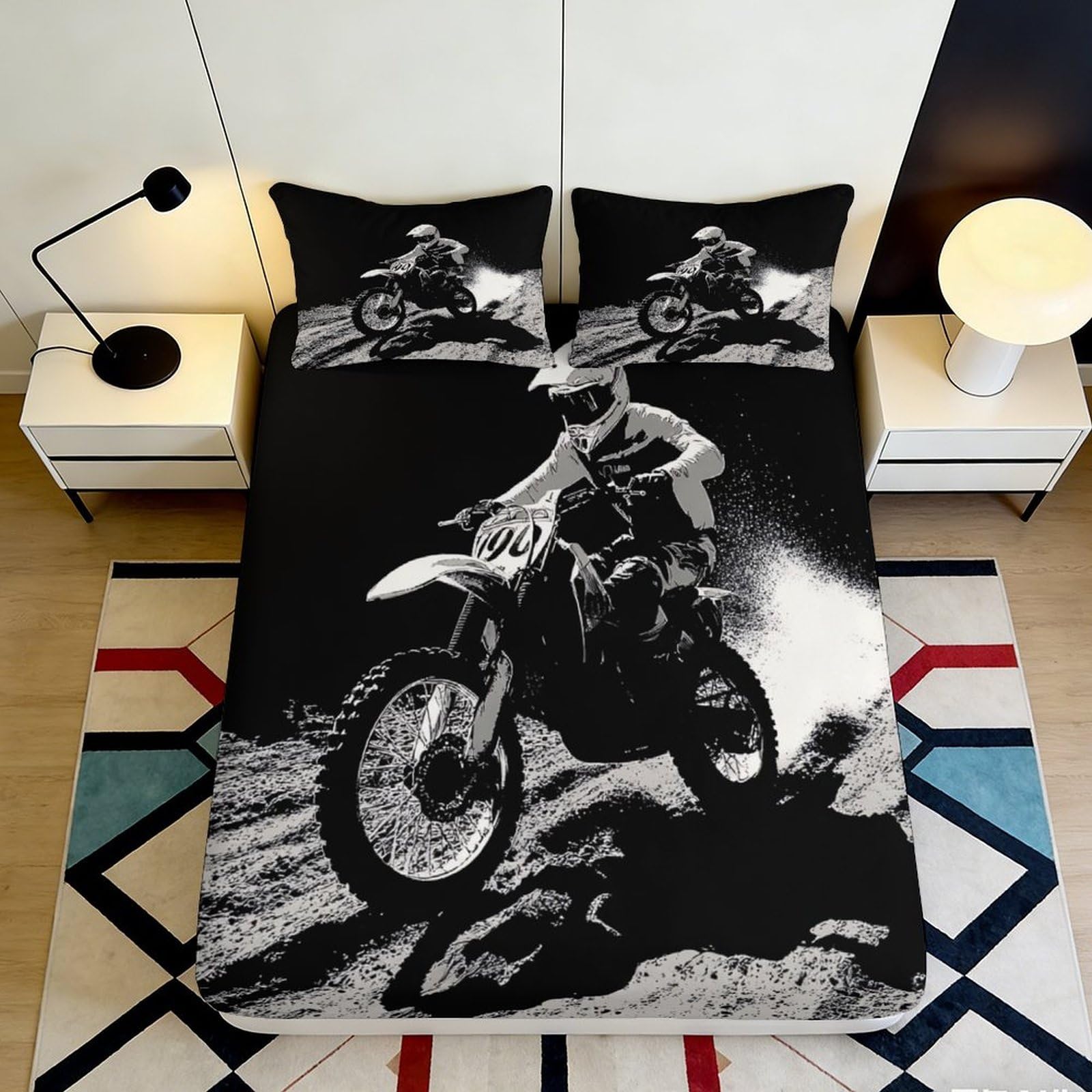 Jqzkxnhpbr Style-10 3D Printed Motocross Rider Fitted Sheet Microfiber Soft Black White Racing Bike Bed Cover For Bedroom Dorm Decor 90X200x25cm