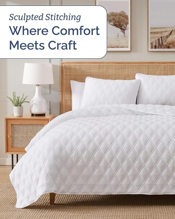Quilt Set Cal King Size - Boho Bed Set, Diamond Stitch - White, 118" x 106" by CGK Unlimited - Used condition - Image 2