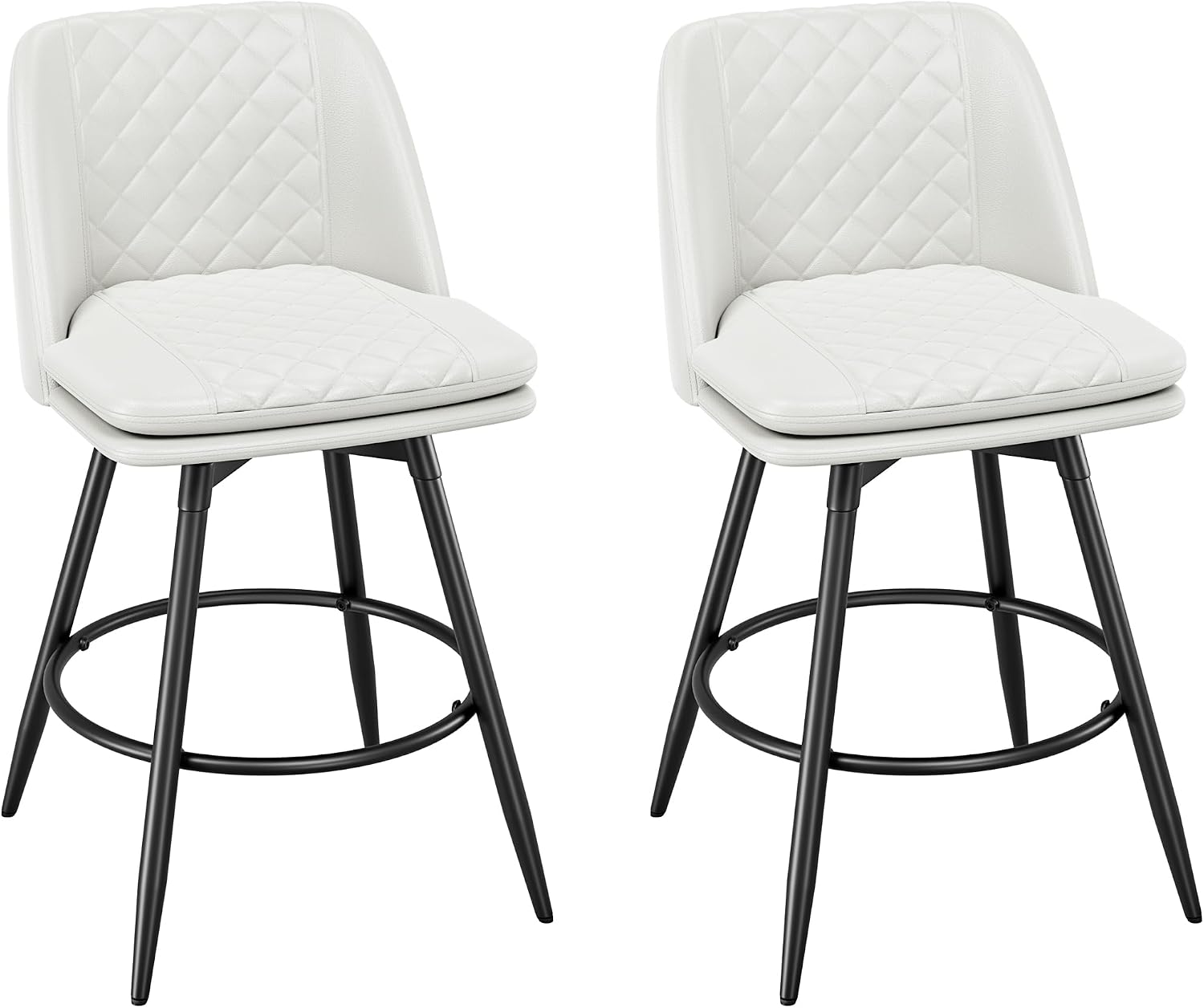 REONEY Bar Stools Set of 2, 26 Inch Counter Height Barstools with Back, 360° Swivel Modern Bar Chairs Double-Layer Upholstered Faux Leather with Metal Footrest for Home Kitchen Island, Café, White