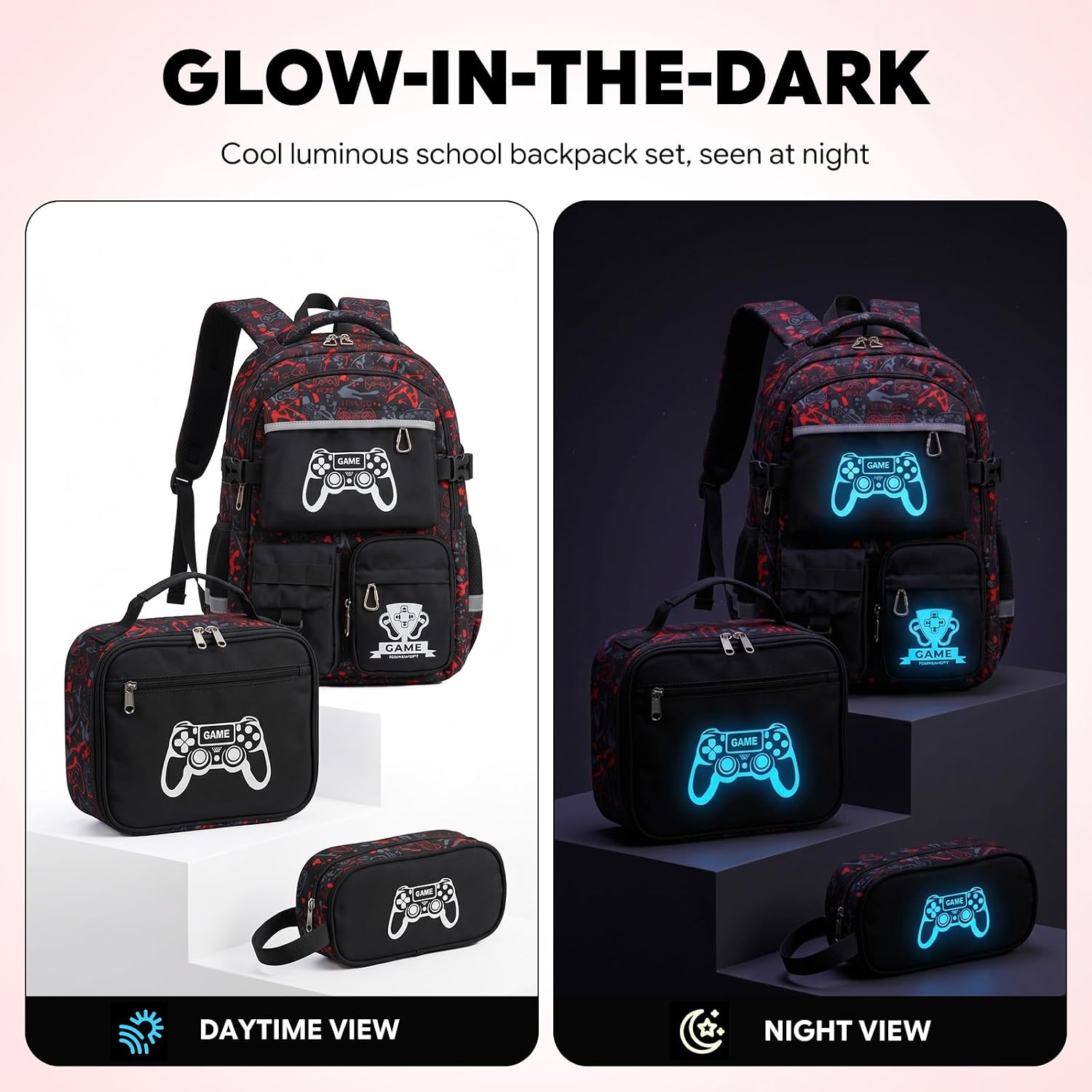 Luminous Glow in The Dark Kids Backpack for Boys, 3PCS Set Large Capacity School Bookbag with Game Print and Lunch Box, Lightweight School Bag for Elementary Middle High Students Teens,BLACK-RED