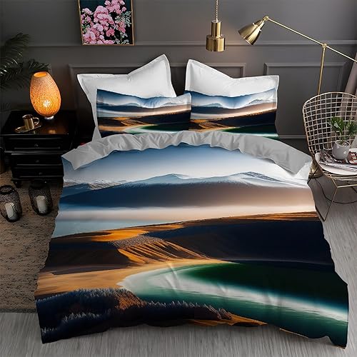 Snow Mountain California King Duvet Cover Lake Print Bedding Soft Microfiber Comforter Cover and 2 Pillow Shams 20"X36", Bed Set Duvet Covers with