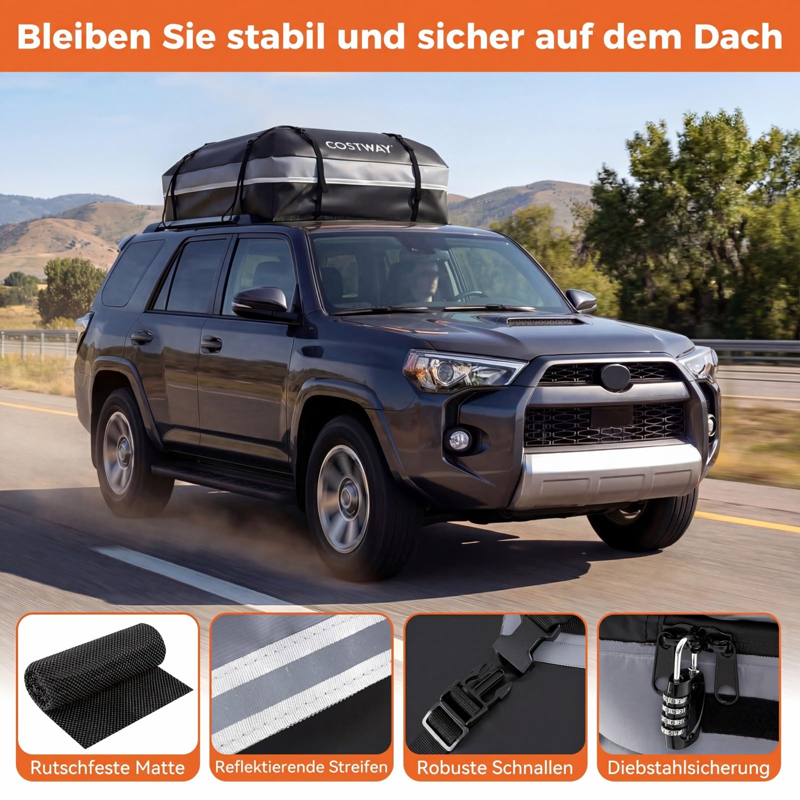 COSTWAY Dachbox Auto, 600 Liter Dachkoffer wasserdicht, Gepäckbox mit Anti-Rutsch-Matte, 6 Türhaken, Schloss & Tragetasche, tragbare Dachtasche XXL für Autos mit/ohne Gepäckträger (Grau)