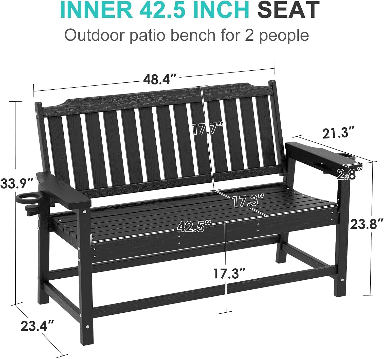 Outdoor Bench with Cup Holder All-Weather HDPE Fade Resistant Garden Bench 660 lbs Bearing 2-Seat Front Porch Furniture for Patio, Backyard,Park (Black)