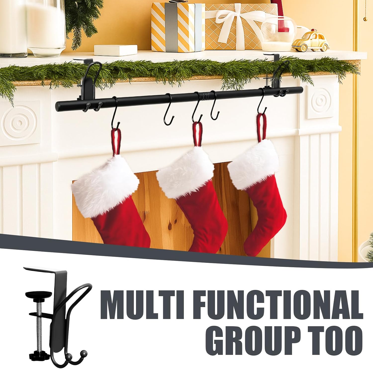 Hoolerry 10 Pcs 3 in 1 Christmas Stocking Garland Hanger for Mantle Fireplace Mantel Garland Hangers with Adjustable Tension Rods Hooks for Xmas Holiday Stocking Wreath Hanging Ornament (Small,Black)