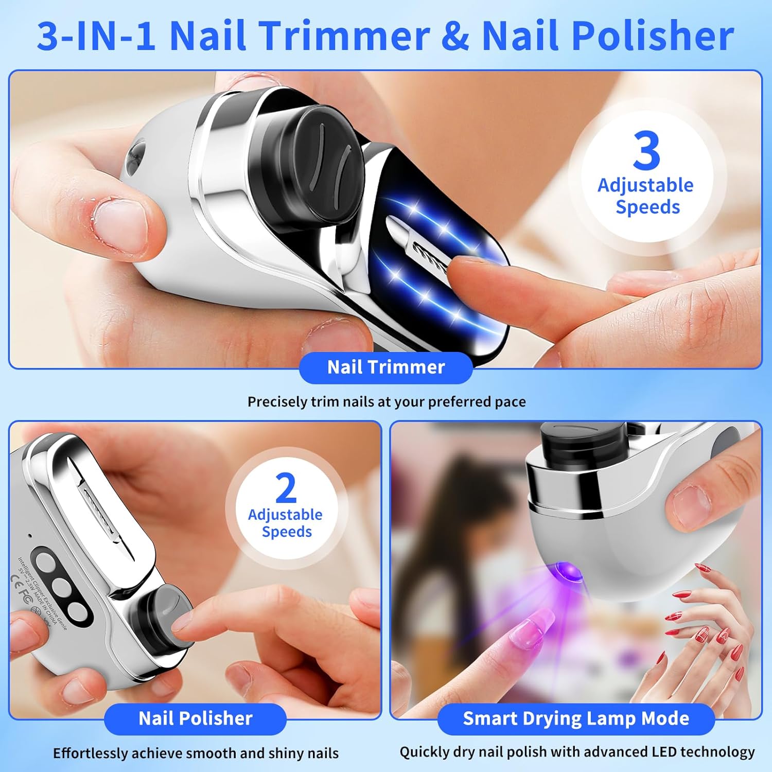 2026 New Electric Nail Clipper for Fingernails & Toenails, 4-in-1 Rechargeable 3 Speed Electric Nail Trimmer & Polisher with LED Light, Nail Lamp & Storage, Ideal for Seniors,Adults,Kids & Thick Nails