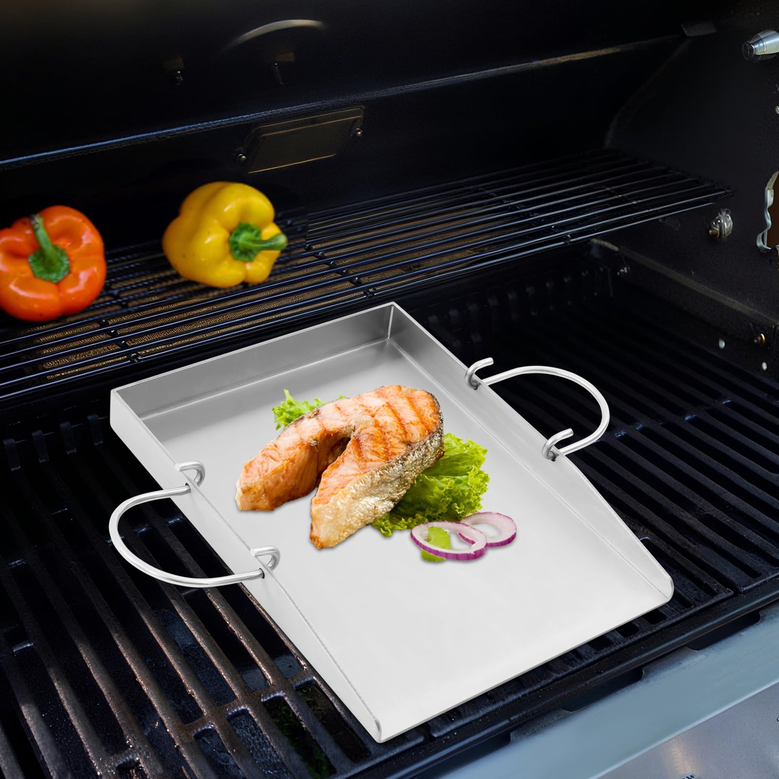 Piastra in acciaio inox con 2 spatole, griglia a gas, antiruggine, resistente al calore fino a 338 °C, per barbecue a gas/carbone, con manici rimovibili, per bistecche, frittelle, verdure, 40 x 30 cm