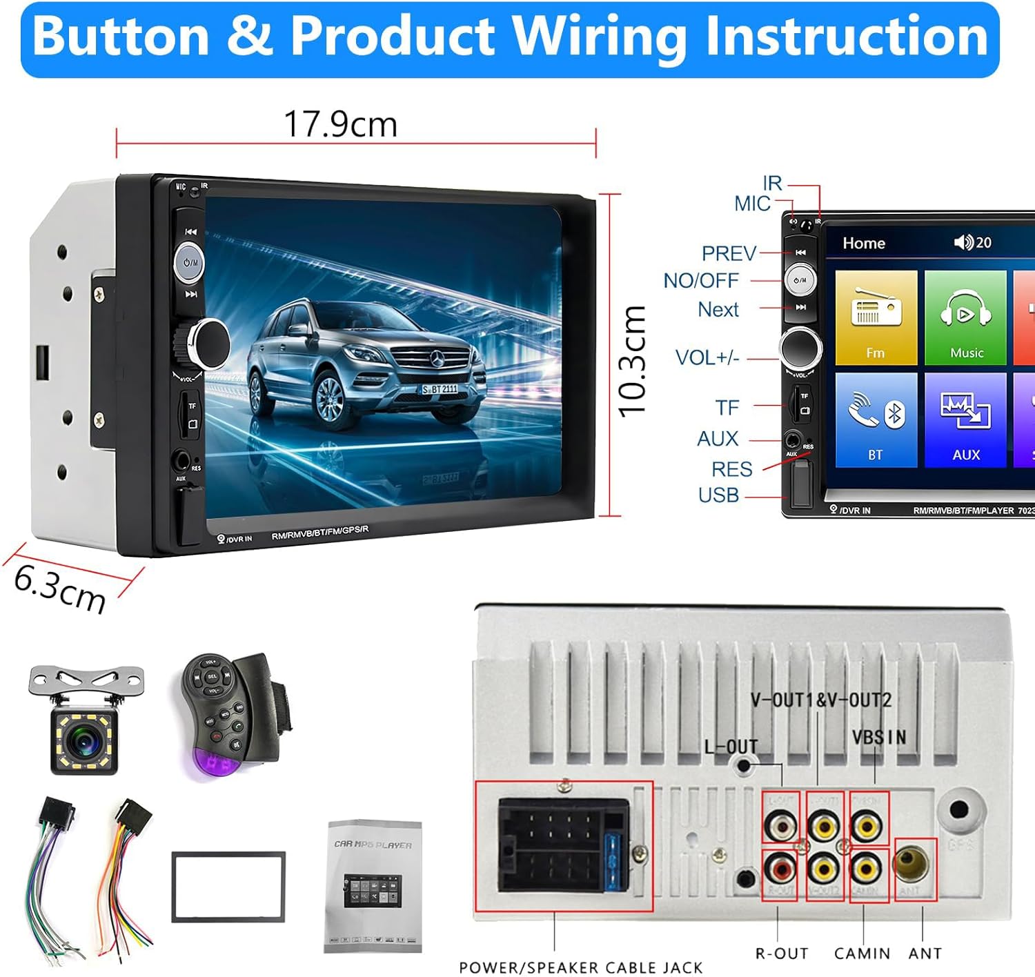 Front and rear view of the Podofo Double Din Car Stereo, highlighting buttons, ports, and dimensions.