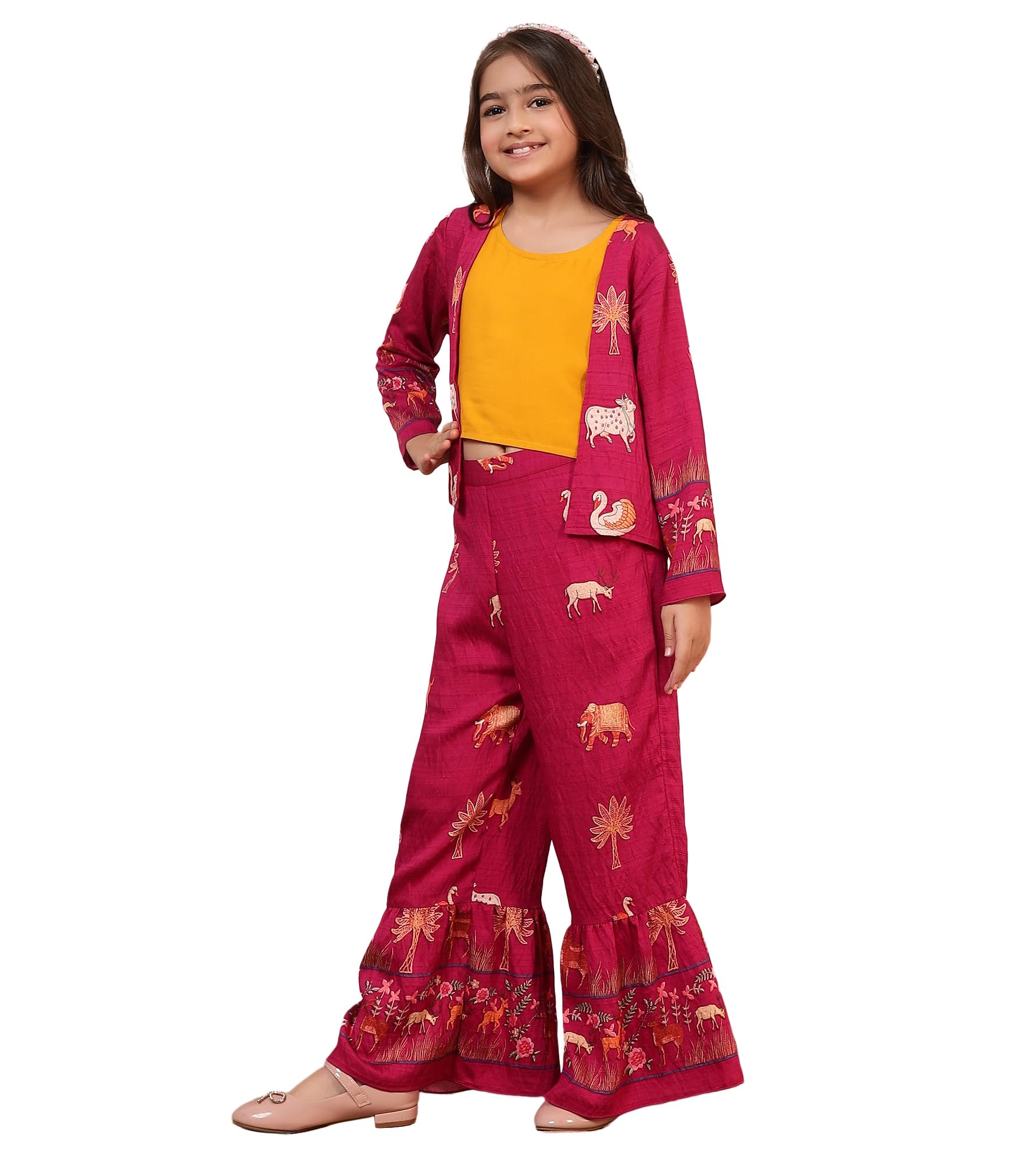 Bugandbees Animal Print Nylon Viscose Shrug & Pants With Solid Rayon Bustier|Fusion Wear Relaxed It Co-Ord Set for 3 Years to 13 Years Kids|Festive Casual Wear Collection (BBCO00000395_4-5Y_Magenta)