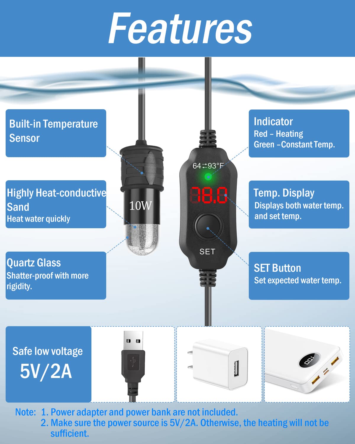 AquaMiracle Betta-Heizung, verstellbar, 10 W, kleiner Aquariumheizer, tauchfähig, 5 V/2 A, USB-betriebener Super-Mini-Aquarium-Heizstrahler mit Digitalanzeige-Thermostat, für bis zu 3,5 l Tanks