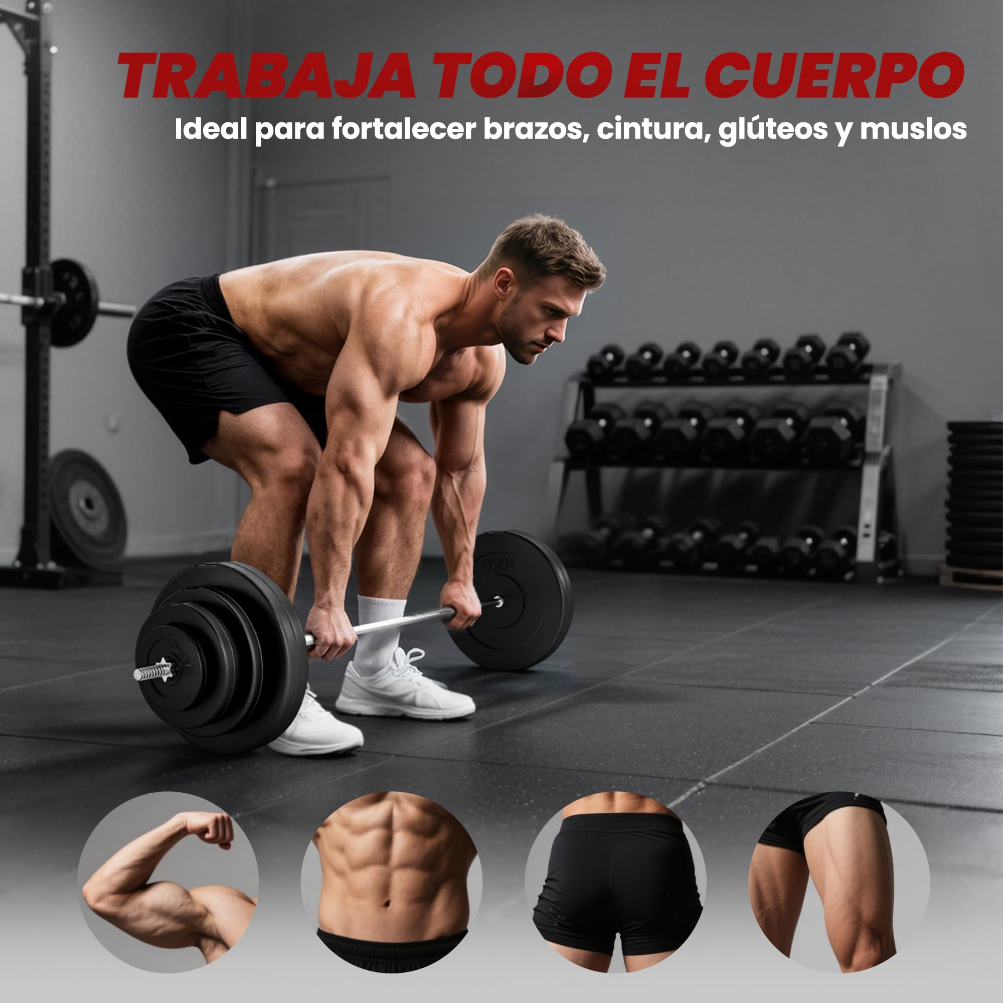 HOMCOM Barra de Pesas 70 kg con Mancuernas Set de Pesas Ajustables con 8 Discos 1,5kg 5kg 10kg 15kg y 1 Barra Juego de Mancuernas para Entrenamiento de Fuerza en Hogar Gimnasio 170x40,5x40,5 cm Negro