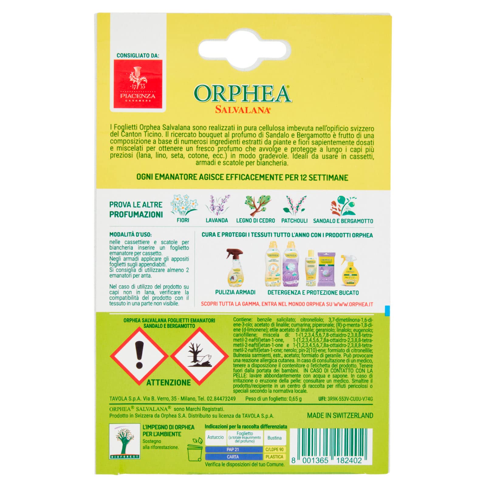 Orphea 12 hojas de papel para cajones y armarios protege lana y fibras naturales al perfume de sándalo y bergamota - 12 paquetes de 12 hojas cada una