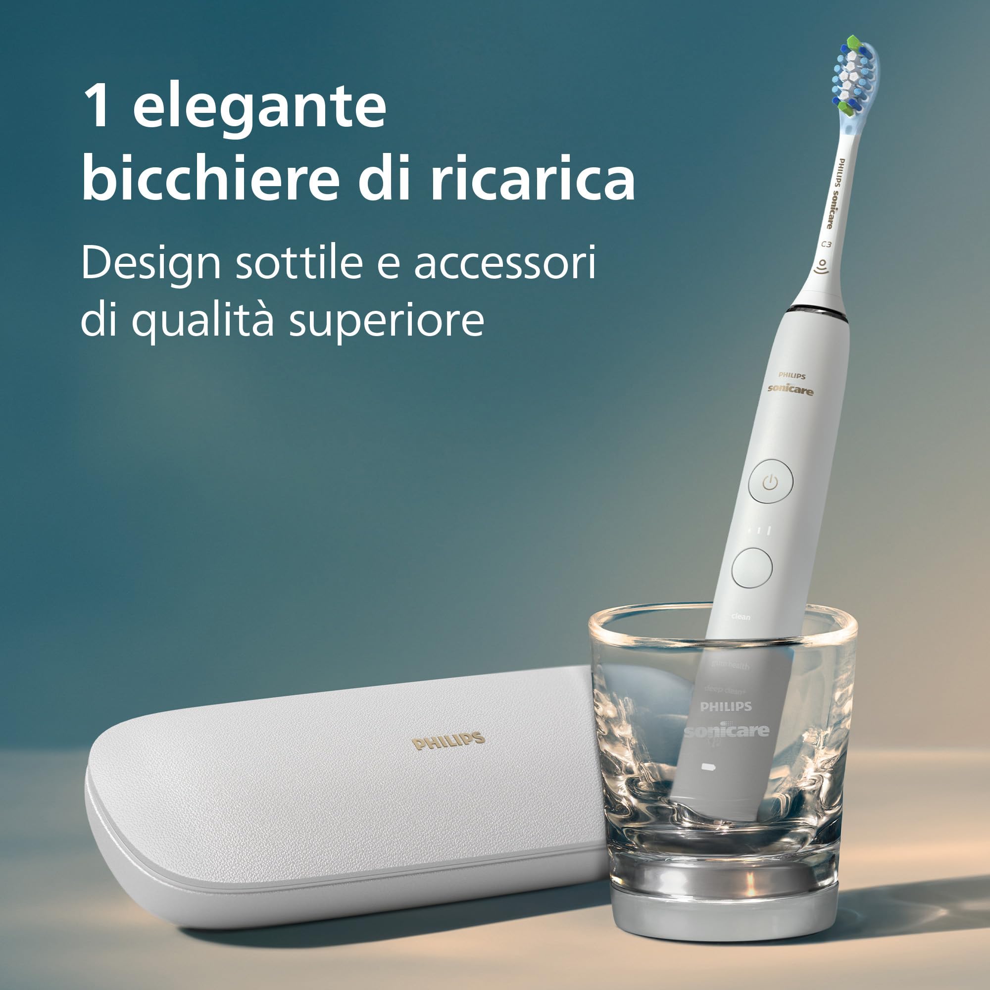 Philips Sonicare DiamondClean 9000 spazzolino elettrico, confezione doppia, spazzolino sonico con app, sensore di pressione, 4 modalità di pulizia, 3 livelli di intensità, bianco, modello HX9914/62