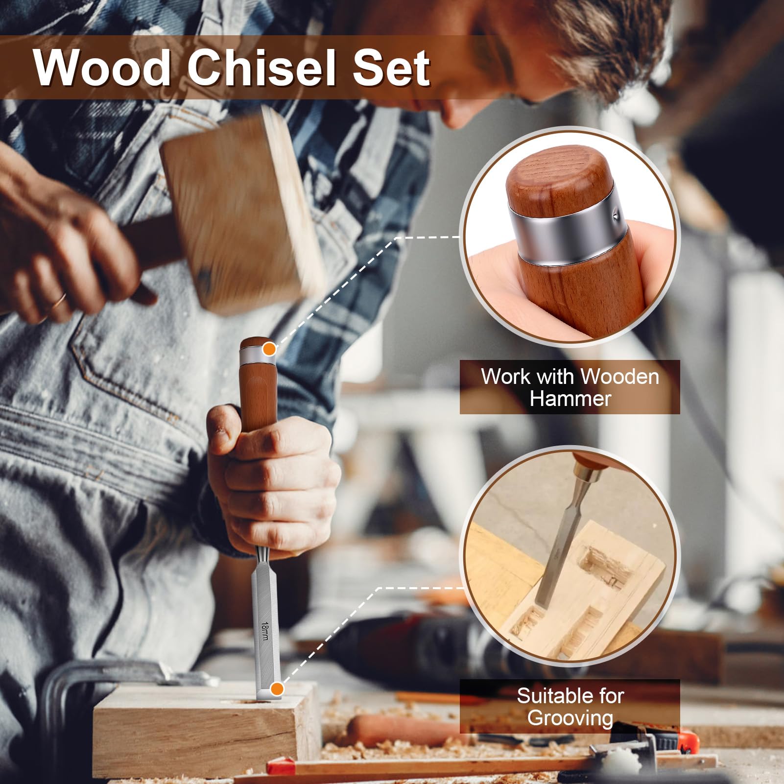Juego de Formones para Madera Profesional, 10 Cinceles de Carpintería (6-50mm) con Mango de Madera, Piedra de Afilar, Guía y Caja de Almacenamiento | Herramientas para Tallar y Bricolaje