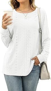 Davenil Womens T-Shirts Eyelet Crew Neck Loose Casual Long Sleeve Hollow Out Tops