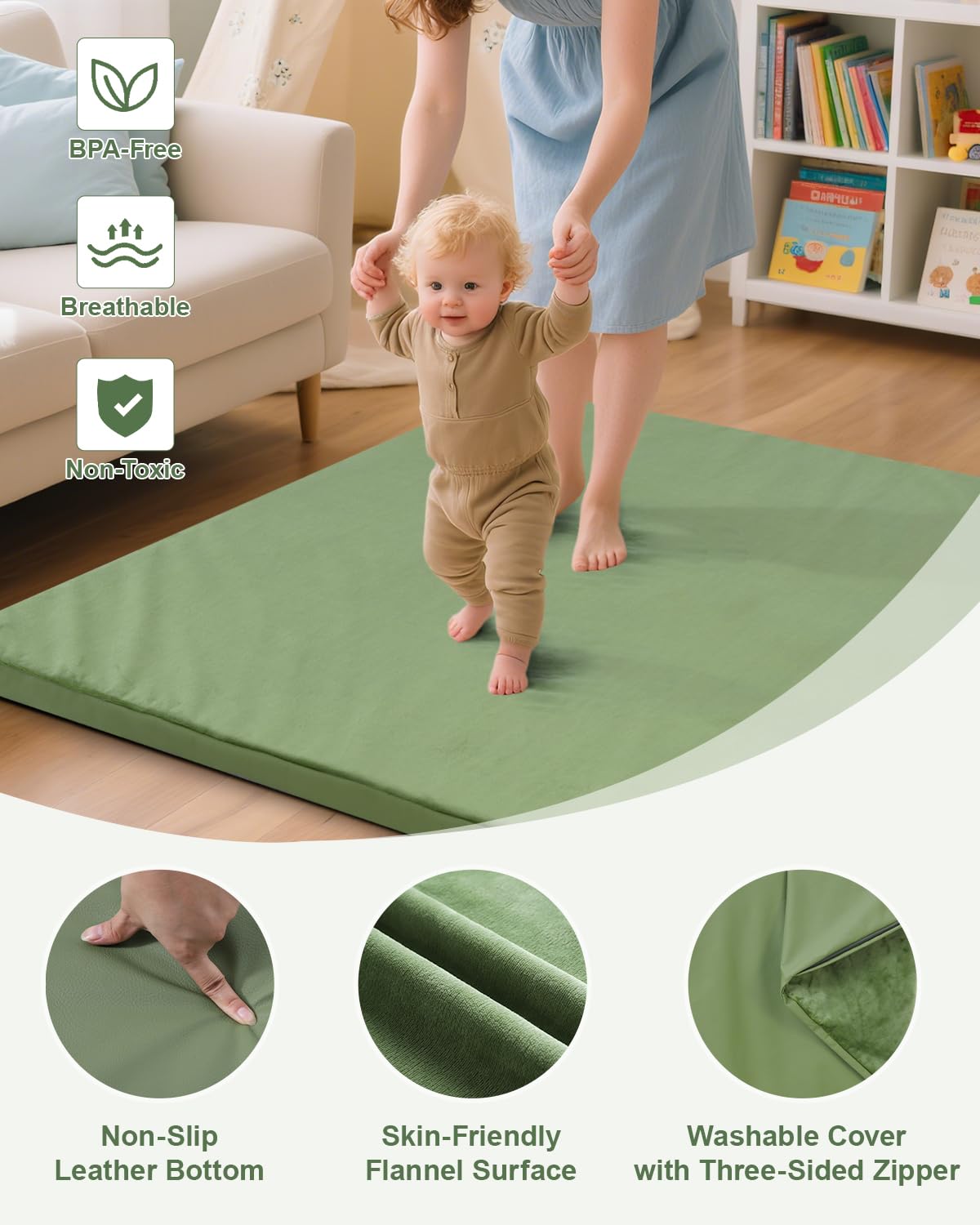 Tapete grueso de juego para bebé, tapete reversible de espuma de piel vegana y felpa de 50 x 50 pulgadas, funda extraíble, fácil cuidado y súper suave para cualquier sala de juegos y tiempo familiar