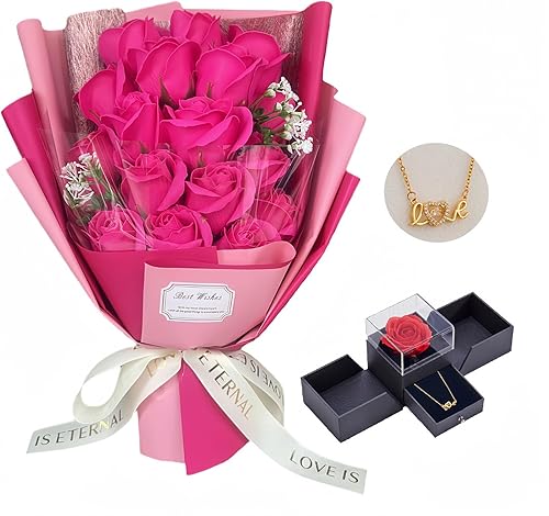 EIGHTOWN Ramo de rosas artificiales, flores de rosas rojas preservadas con collar de amor para ella, regalos únicos para el día de San Valentín, Día