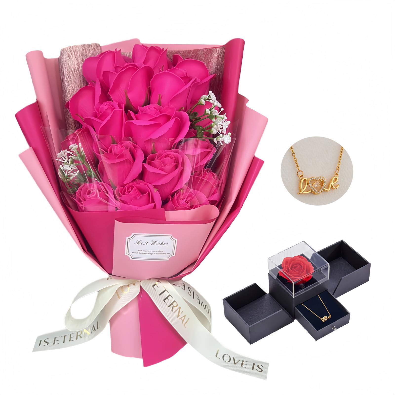 Ramo de rosas artificiales de diseño floral con collar de amor para ella