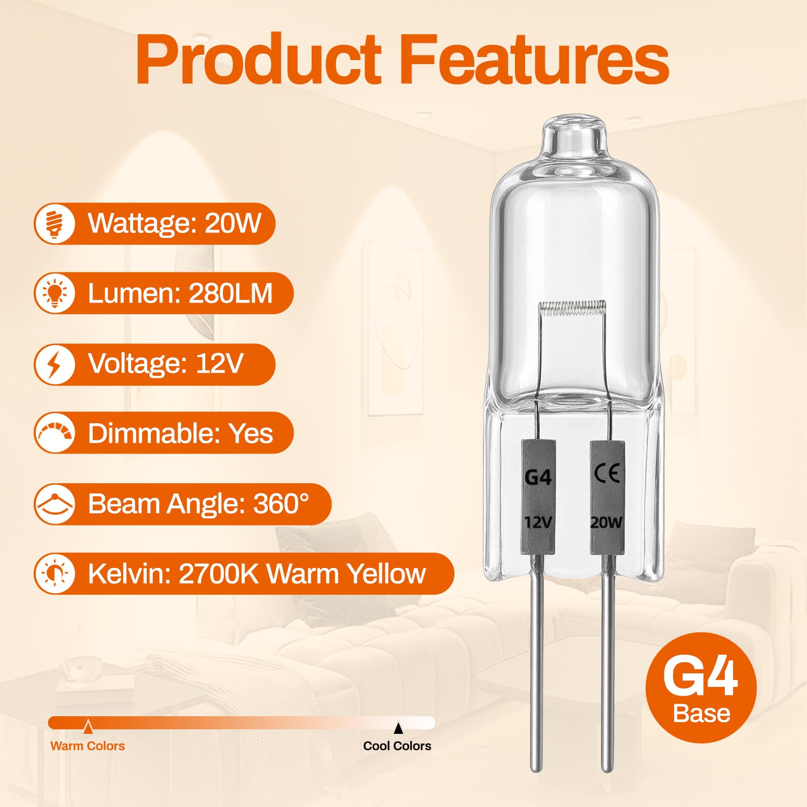 Zounin 12 sztuk G4 żarówka halogenowa 12 V 20 W, ściemnialna żarówka 2700 K ciepłe żółte światło, G4 żarówki halogenowe długa żywotność, lampa kapsułkowa, do okapów kuchennych, lampy sufitowej
