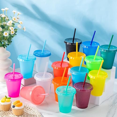 Miniatura 7 de Hsei 60 vasos de plástico con purpurina de 16 onzas con popote y tapa, vasos coloridos con tapas y pajita, taza de café helado, taza de viaje,